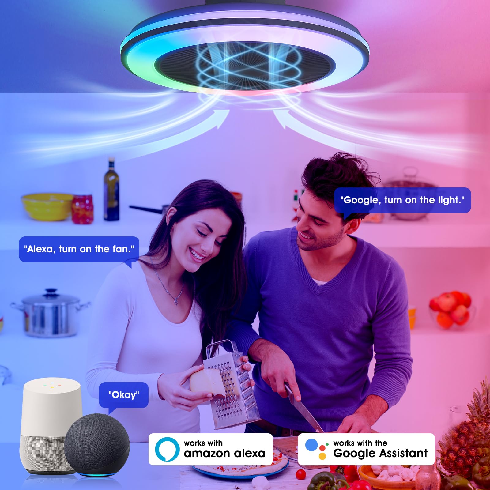 BESTECCT Smart WiFi & Bluetooth 20" RGB Ceiling Fan with Lights, Remote, 3000K-6000K, White, Model CLF40-white0003