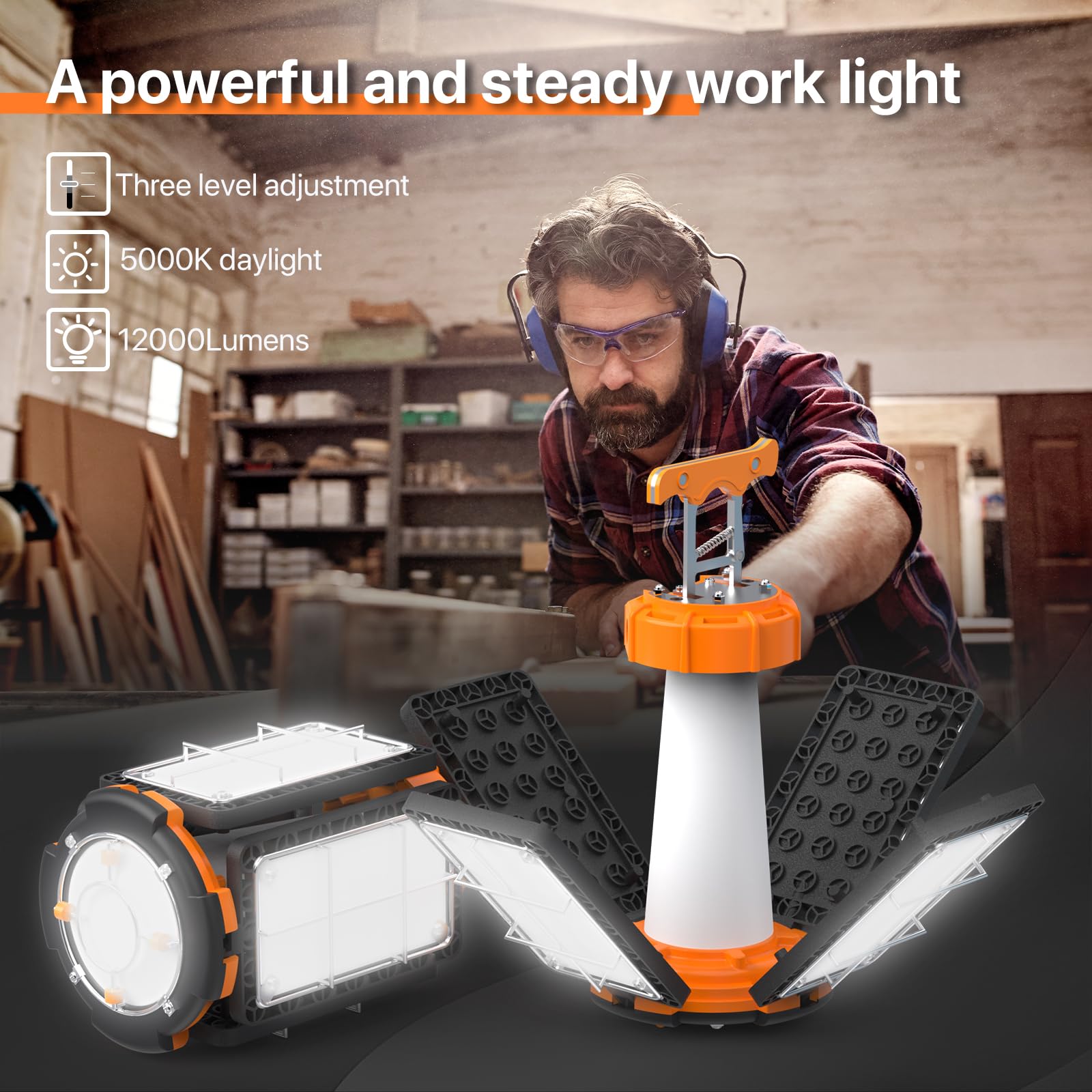Led Temporary Work Light: 80W 12000Lm Led Work Light With Brightness Adjustable Switch, 4 Deformable Panels Portable Constructio