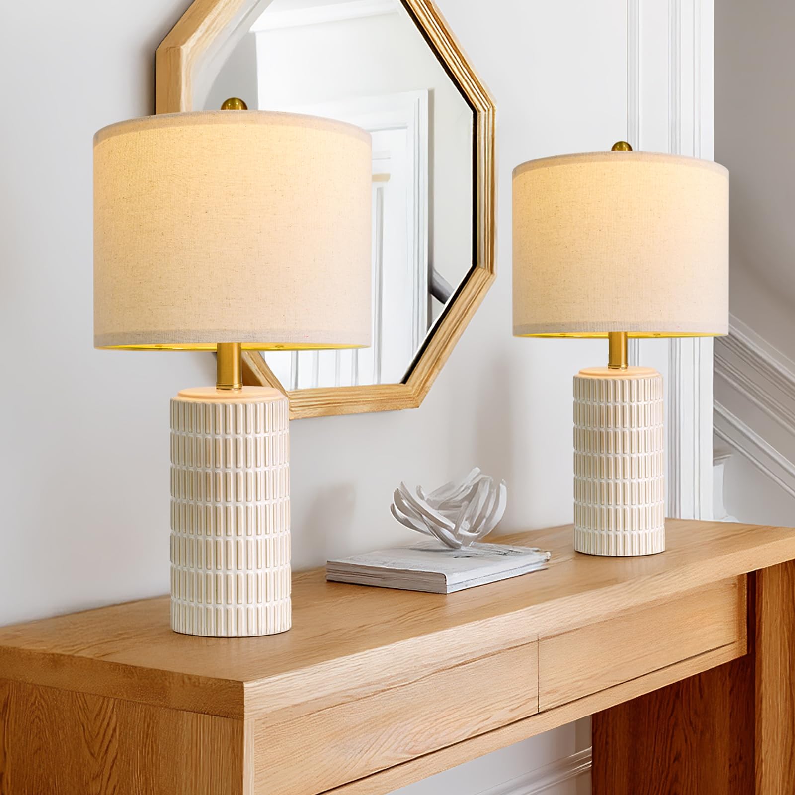 PoKat 20.75 Small Modern Ceramic Table Lamps Set of 2 for Bedroom  White Bedside Lamps for Night Stands  Farmhouse Desk Decor Gift Nightstand Table Lamps for Living Room End Table Beige