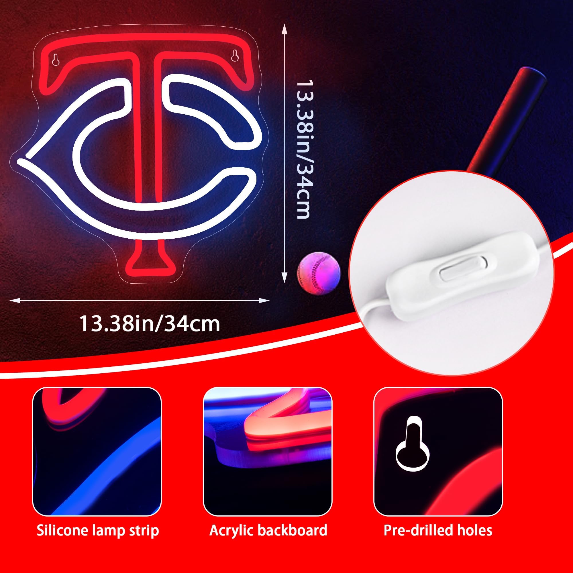 FTMGGDG Baseball Neon Sign Wall Decor, Acrylic, 13.4x13.4 inches, Twins-Blue & Red, Model FMXD700