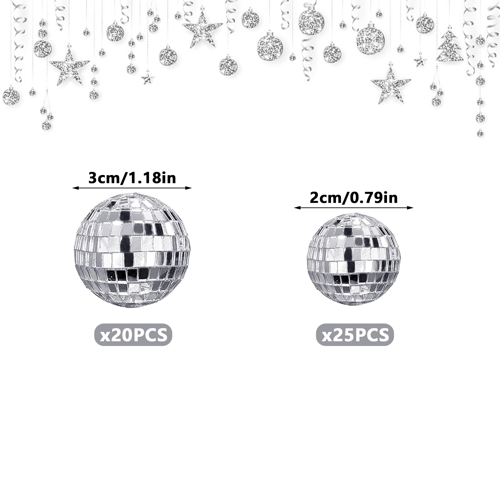 45 PCS 0.78Inch 1.18Inch Disco Ball Cake Decoration Ornaments Reflective Mirror Ball Cake Decoration 70s Disco Themed Party Deco