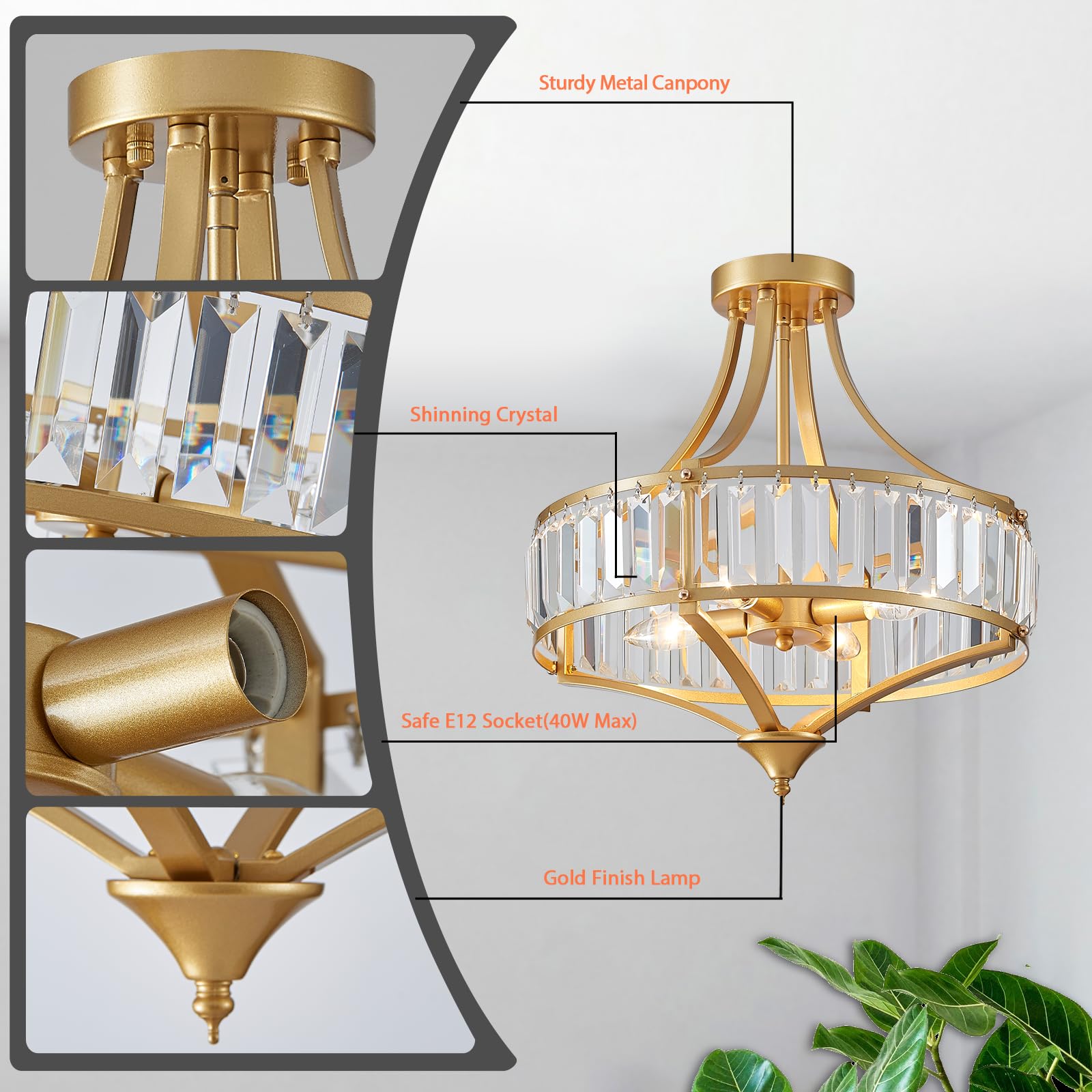 Modern Crystal Chandelier 4 Lights Gold Semi Flush Mount Ceiling Light Fixture E12 Base Farmhouse Chandelier For Dining Room Bed