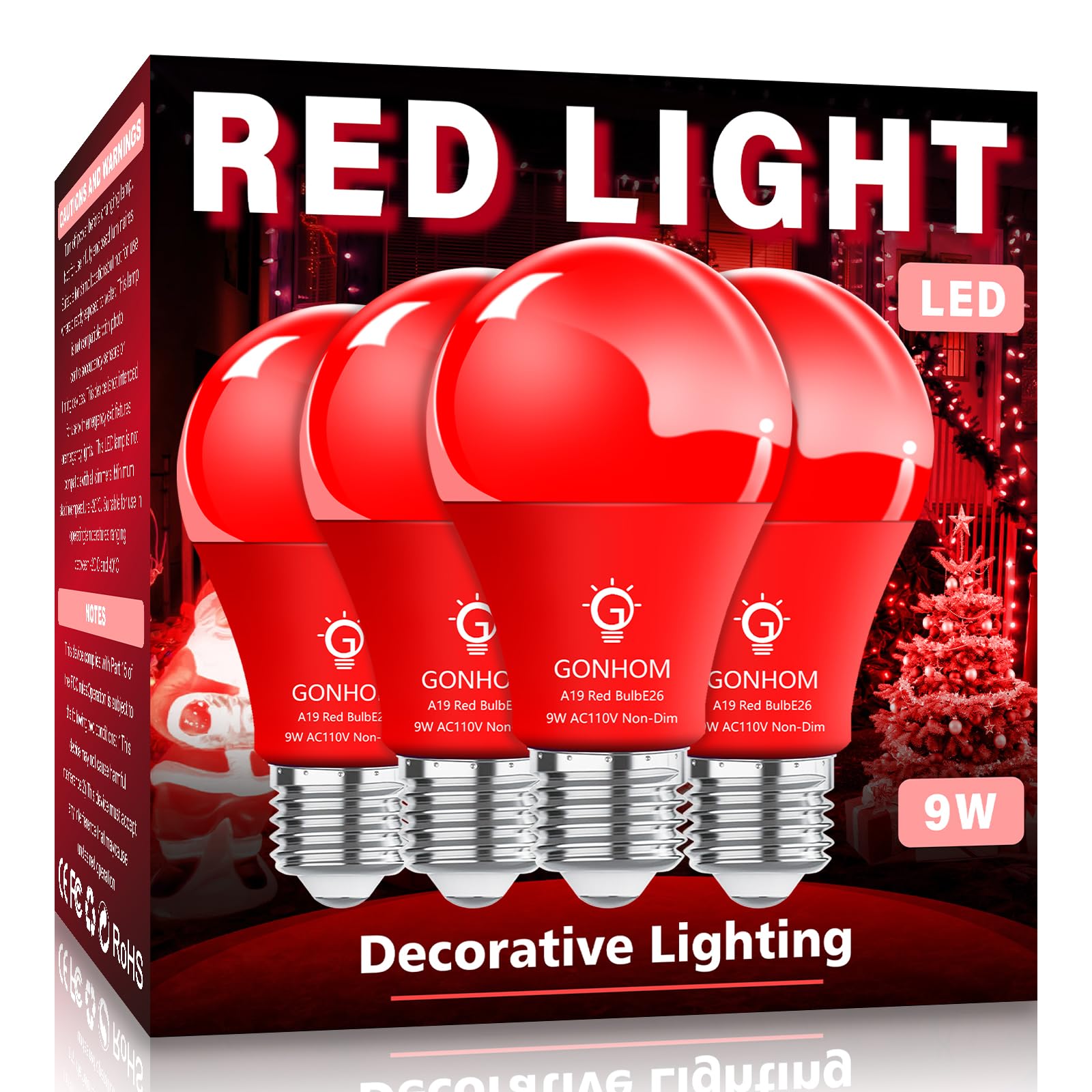 Gonhom 4 Pack Red Led Light Bulbs, 9W Equivalent, E26 Base For Holiday & Decorative Lighting
