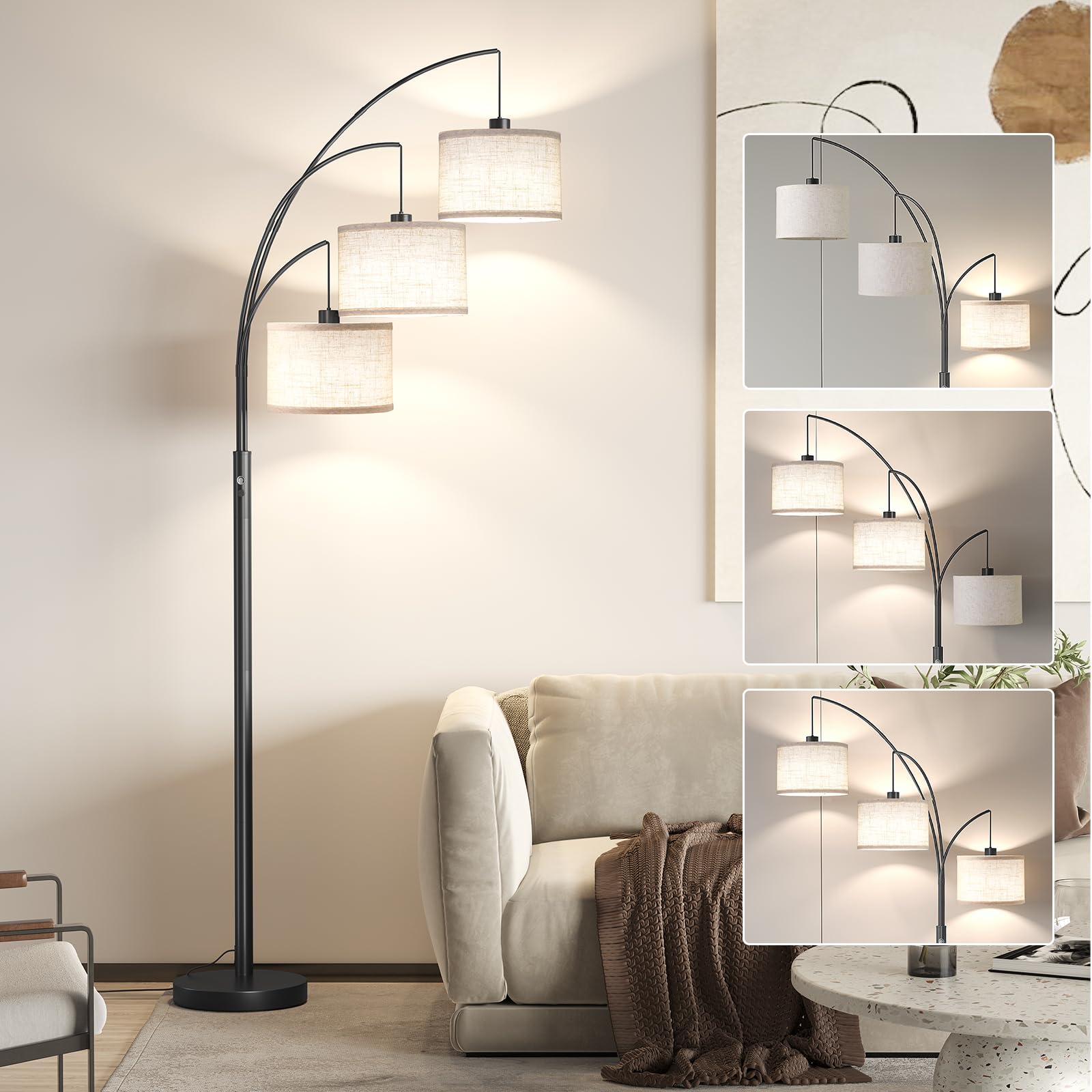 SUNMORY 3 Lights Floor Lamp for Living Room, 78 Tall Standing Lamp with Hanging Drum Shade, Modern Arc Floor Lamps with Heavy Ba