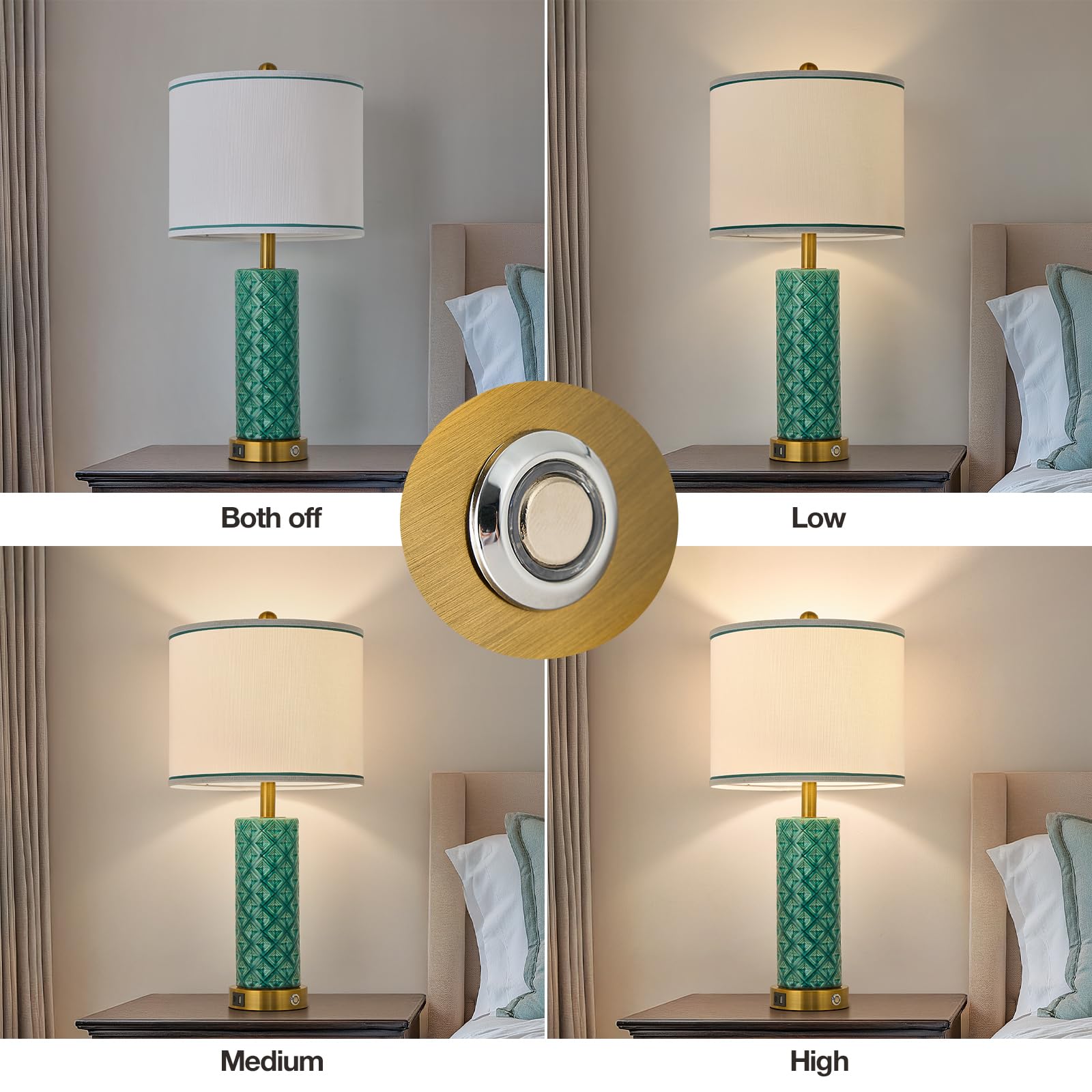 Bdayanx Set Of 2 Table Lamp For Living Room Bedroom Farmhouse,26'' Touch Control Bedroom Turquoise Ceramic Lamps 3-Way Dimmable
