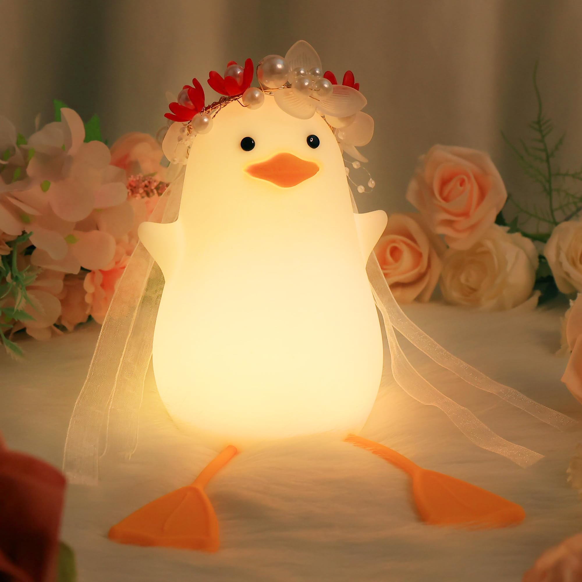 Hinittey Benson Bride Duck Night Light - Cute Duck Lamp with Flower Headpiece, Warm Dimming Light & Timer Room, Birthday, Xmas, 