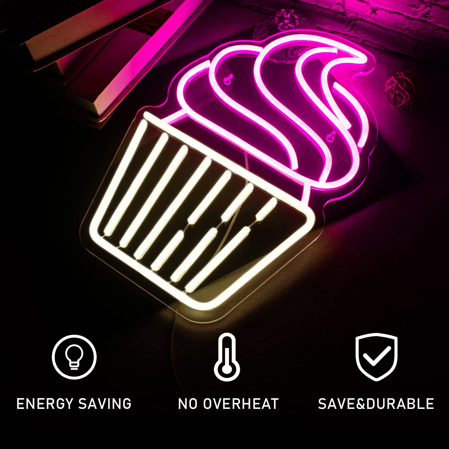 FAXFSIGN Neon Cupcake Sign - LED Wall Decor for Bakery, Cafe, Party - Pink & Warm White, Acrylic, Model AXFSIGN