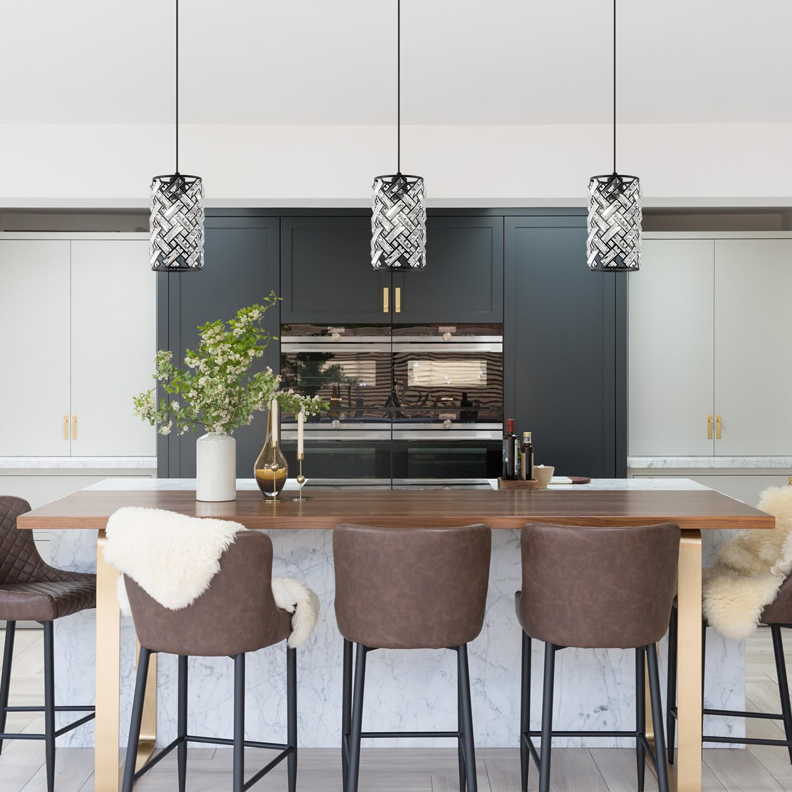 CATINER Modern Black Crystal Pendant Light Fixture, Mini Chandelier 3-Pack for Kitchen Island, Dining Room, Living Room, Hallway