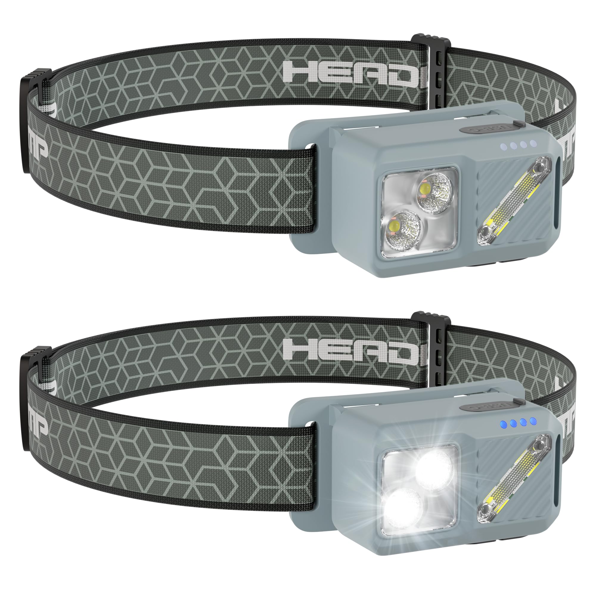 Grey Rechargeable LED Headlamp, 2 Pack 2500 Lumen Head Lamp with Motion Sensor, 7 Modes Bright Head Light, USB Recharge Flashlig
