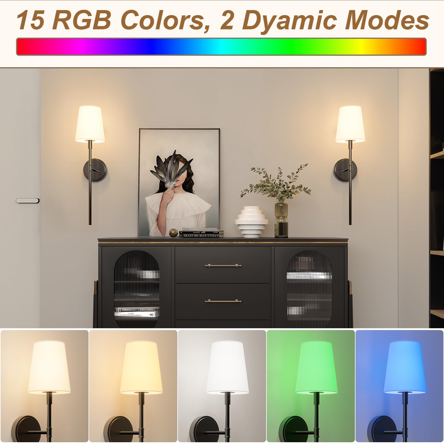 Battery Operated Wall Sconces Set Of 2, Wireless Wall Lights With Remote Control Warm/Natural/Daylight/Rgb 15 Colors Dimmable Re