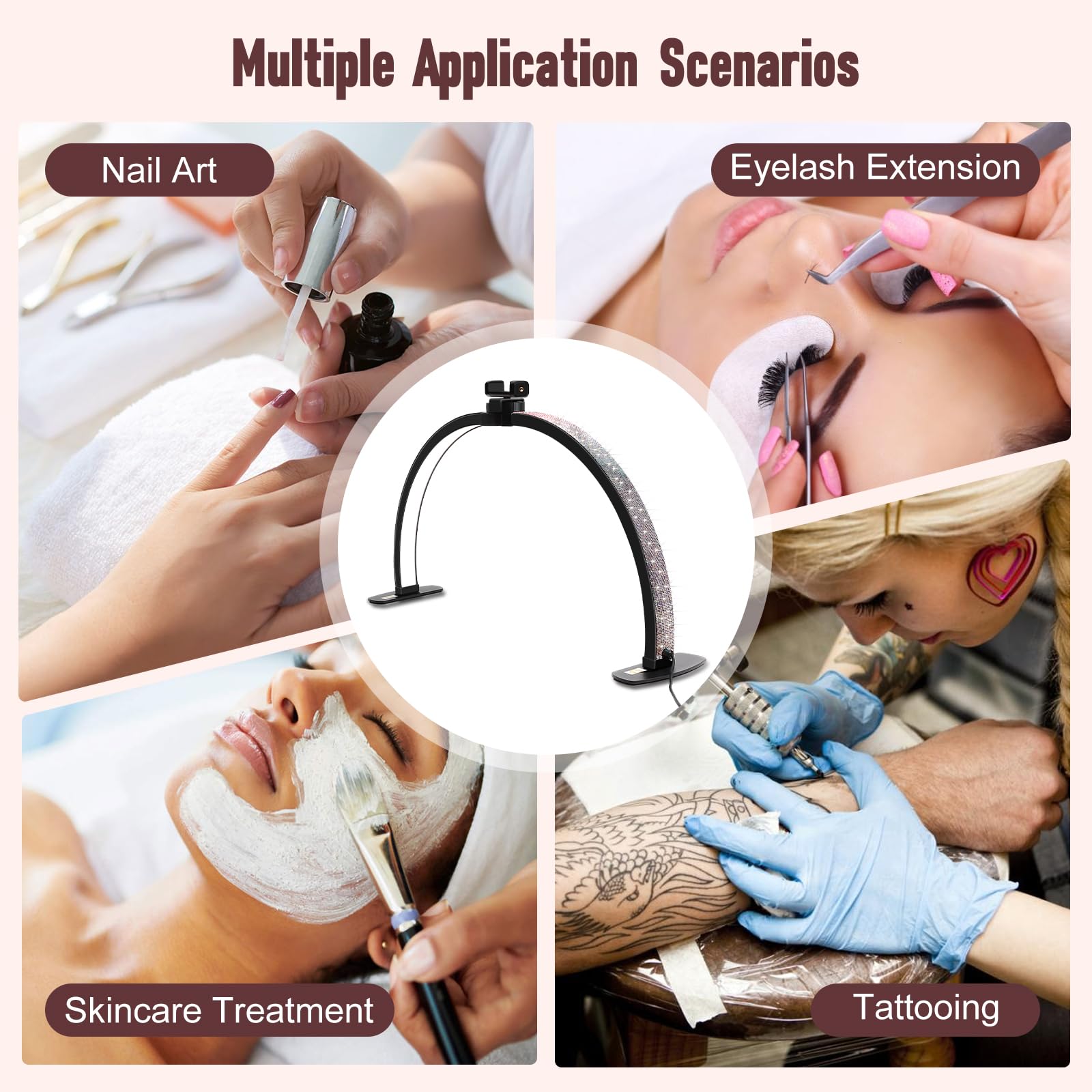 Half Moon Light For Nail Desk With Phone Holder, 28In Folding Half-Moon Lamp With Shinning Diamond, Led Light For Manicure, Eyel