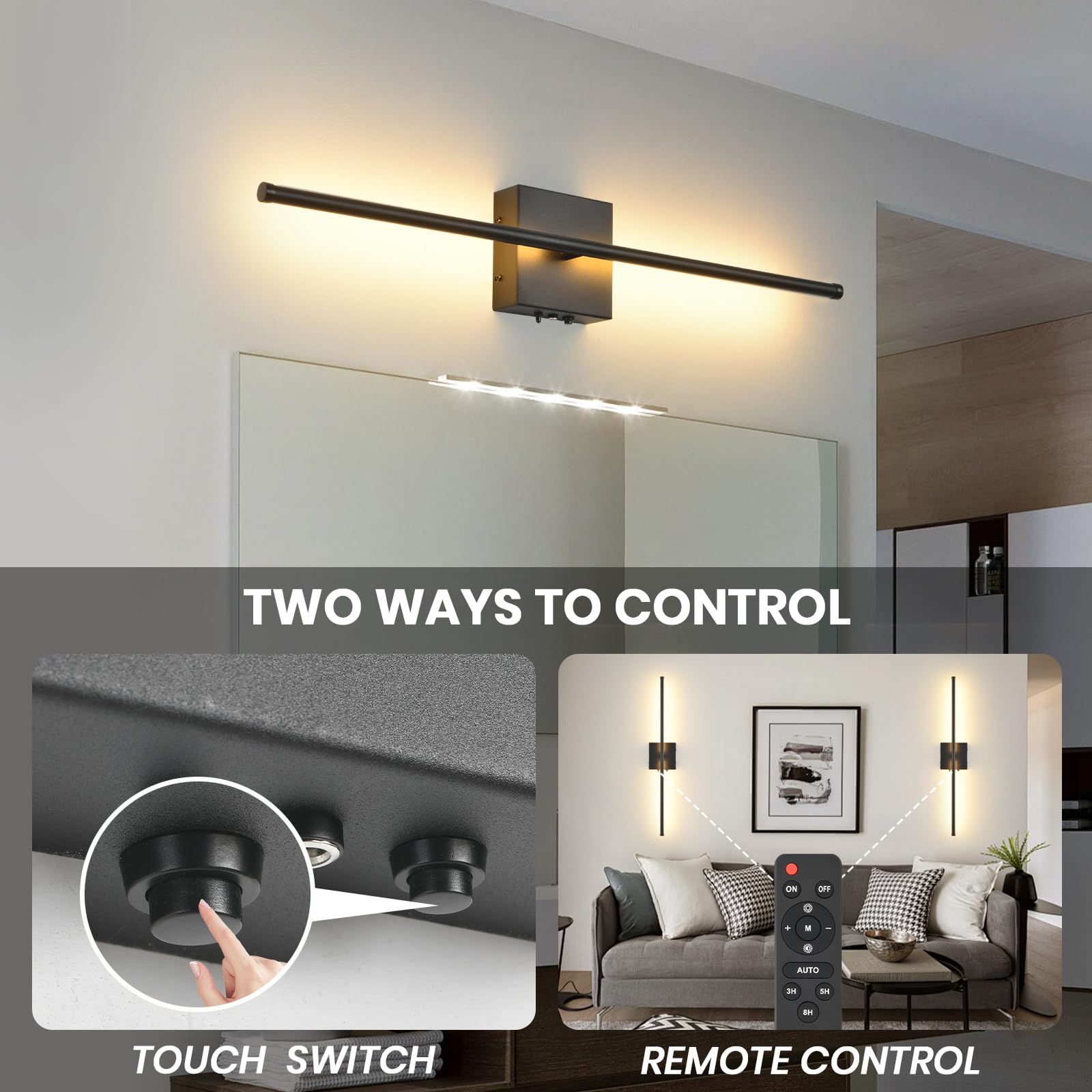 KELUOLY Battery Operated Wall Sconce, LED Rechargeable, 350° Rotate, 3 Color Temperatures, 1 Pack, Black, Model XY-Y3128-H70-