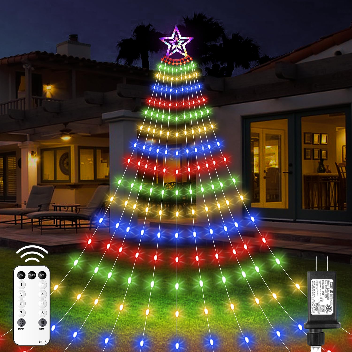 Christmas Decorations Star Lights Outdoor, 23ft 11 Strand 818 LED Waterfall Tree Lights with 8 Modes Timer Remote Plug in Christ