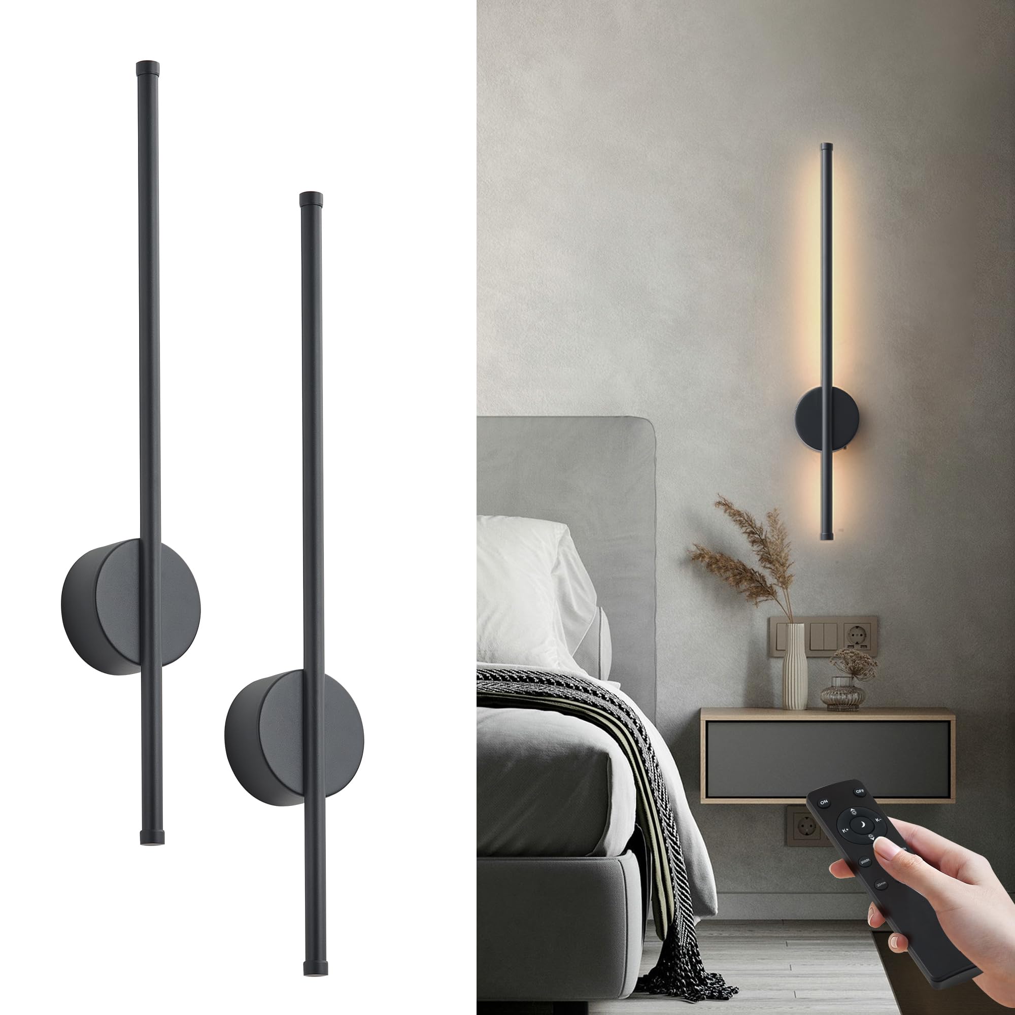 KARTOOSH Battery Operated Wall Sconces, Dimmable LED, 23.6 Inch, Black, Set of Two, Remote Control, 3 Color Temperatures