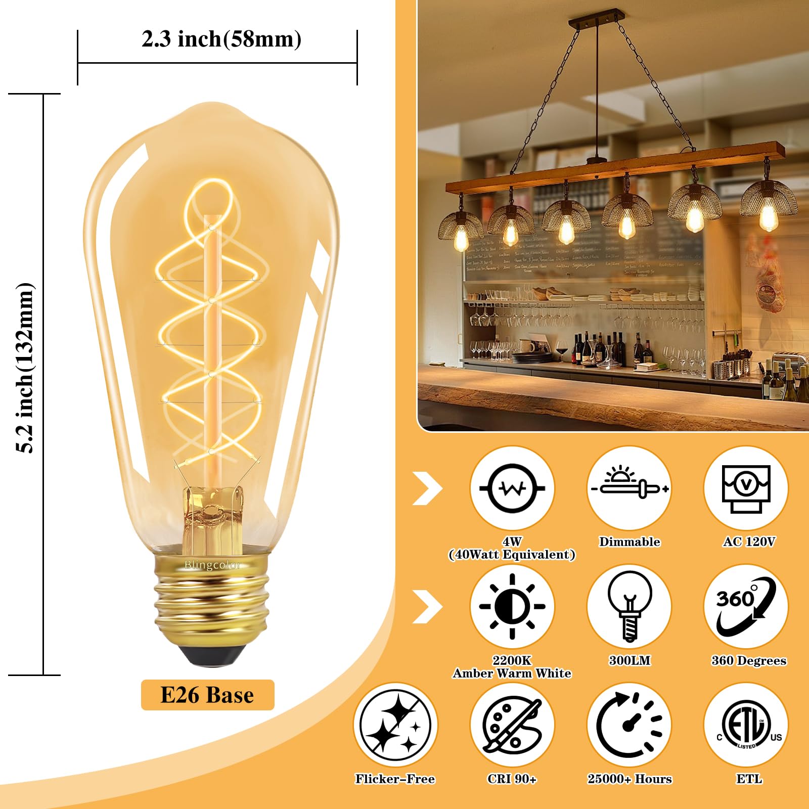 Blingcolor E26 Led Vintage Edison Light Bulbs 40W Equivalent, 4W Dimmable E26 Led Edison Bulb 2200K Amber Warm Light Bulb, St58