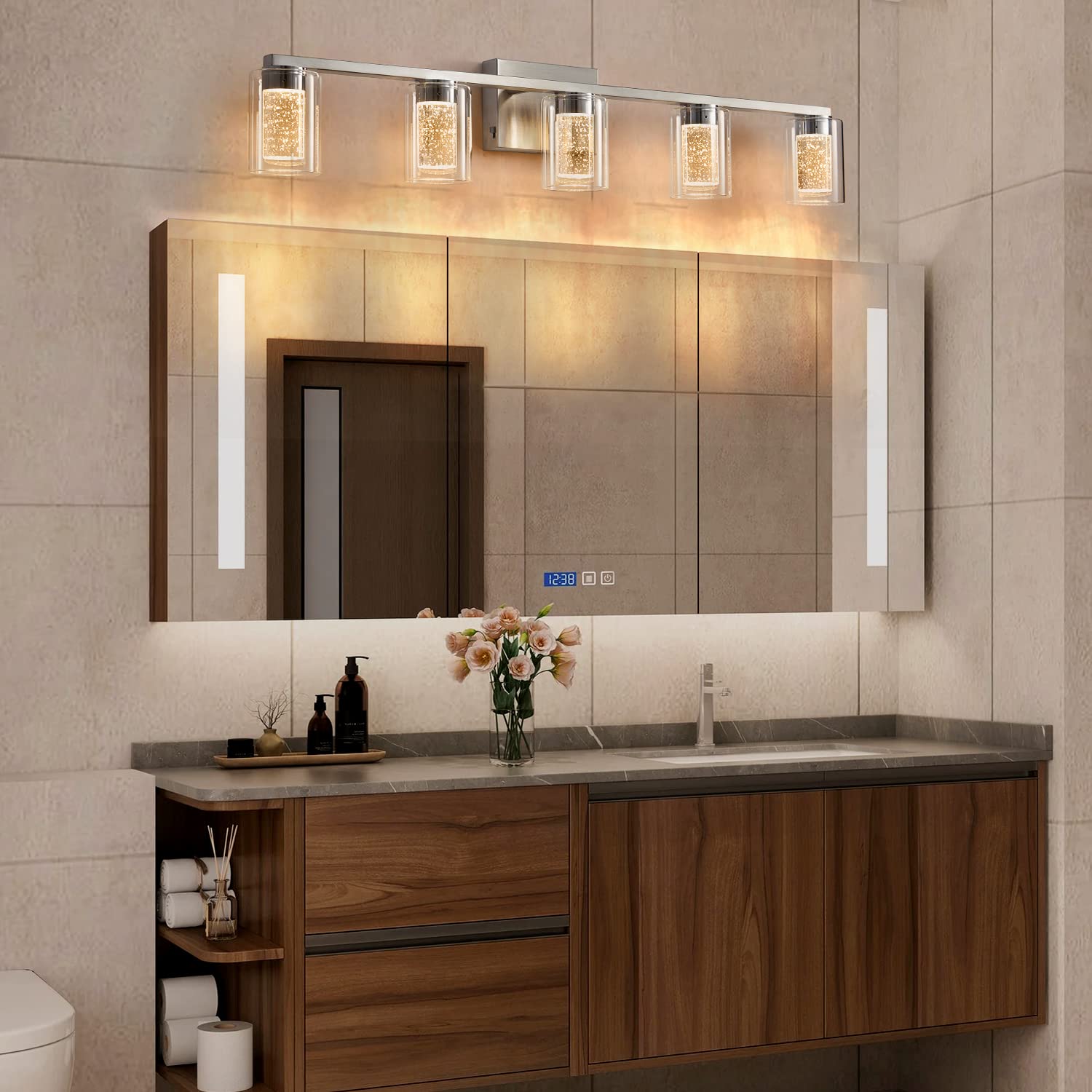 stambord Bathroom Light Fixtures, 5 Light Brushed Nickel Vanity Light, Dimmable LED with Crystal Bubble Glass, Model B90-05