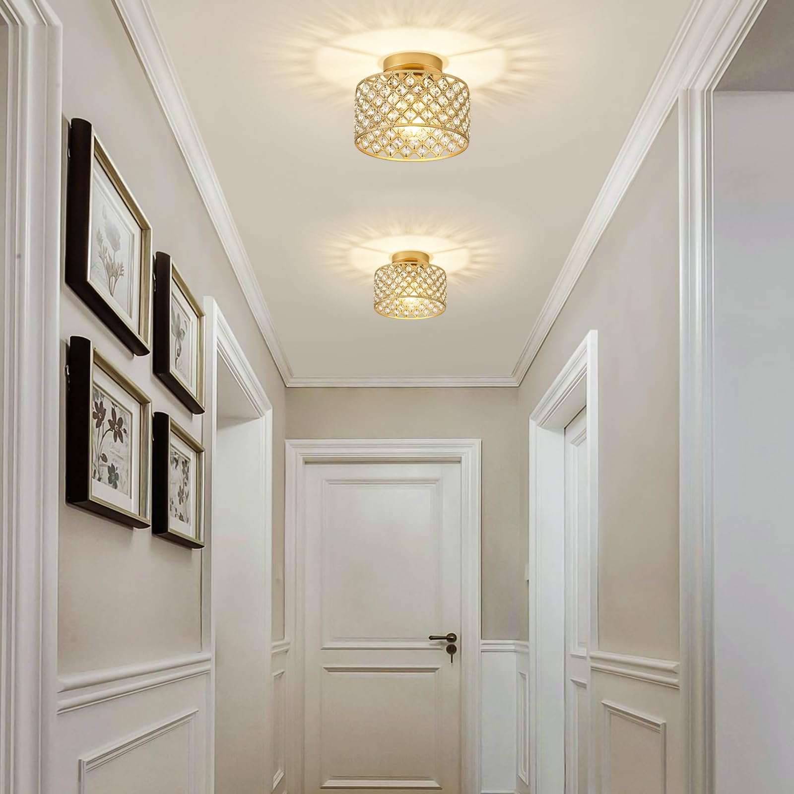 BZVESR Gold Crystal Ceiling Light Fixture, Modern 9" Semi Flush Mount Chandelier for Hallway, Kitchen, Bedroom - Model 20251229002