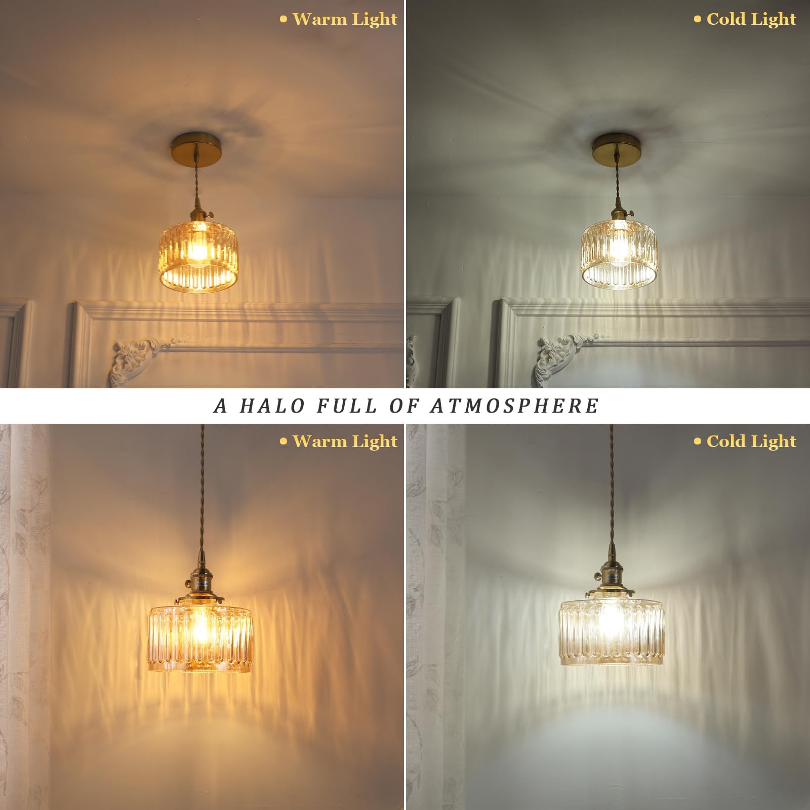 Shenmoyl Pendant Light 2 Pack With Amber Striped Glass Lmapshade, Brass Vintage Pendant Light Adjustable Hanging Light For Kitch