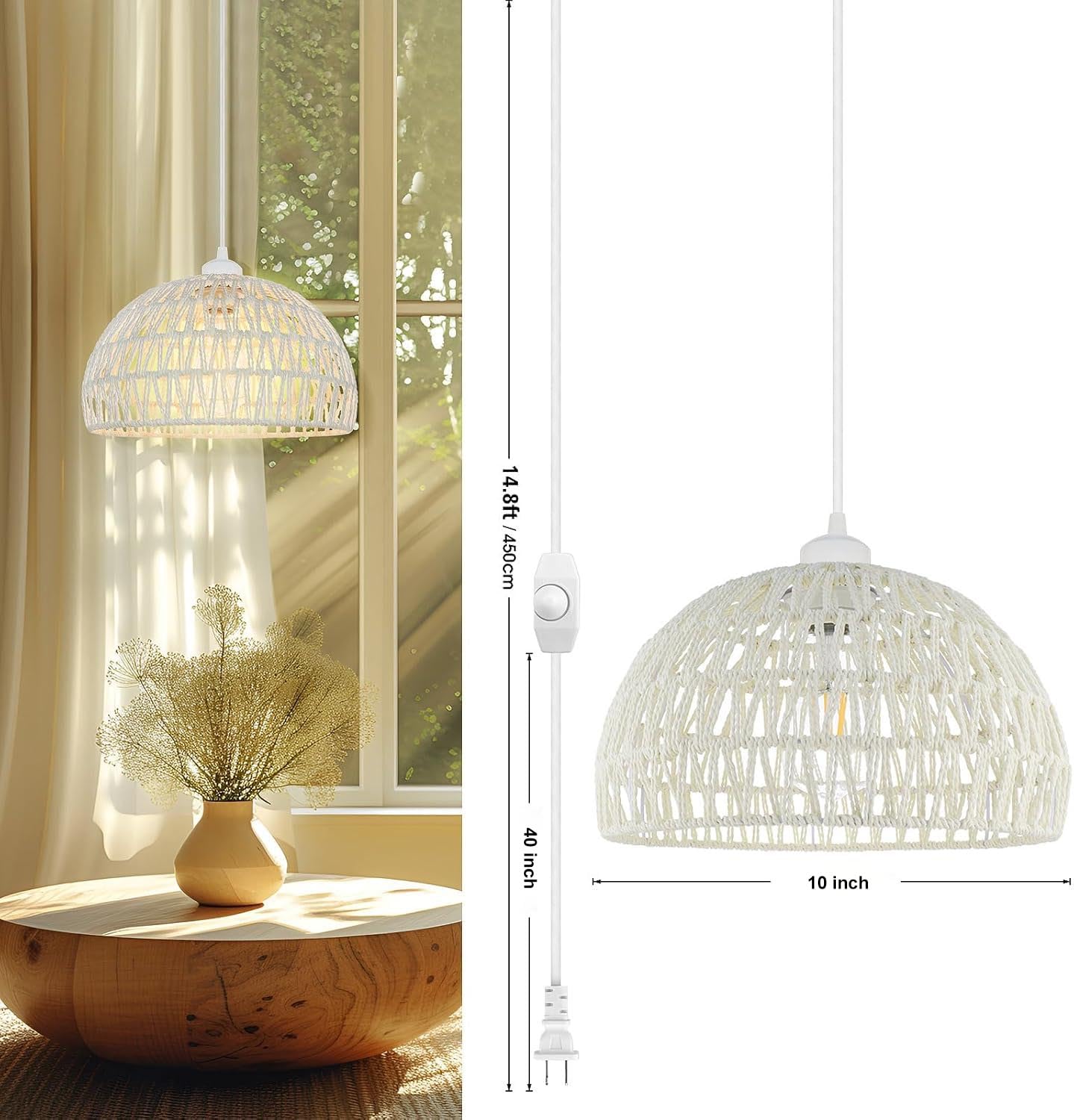 SLYYMY Plug-in Pendant Light, 15FT Hemp Rope Cord, Cream Wicker Lampshade, Industrial Ceiling Fixture, Model SPEL-0011C