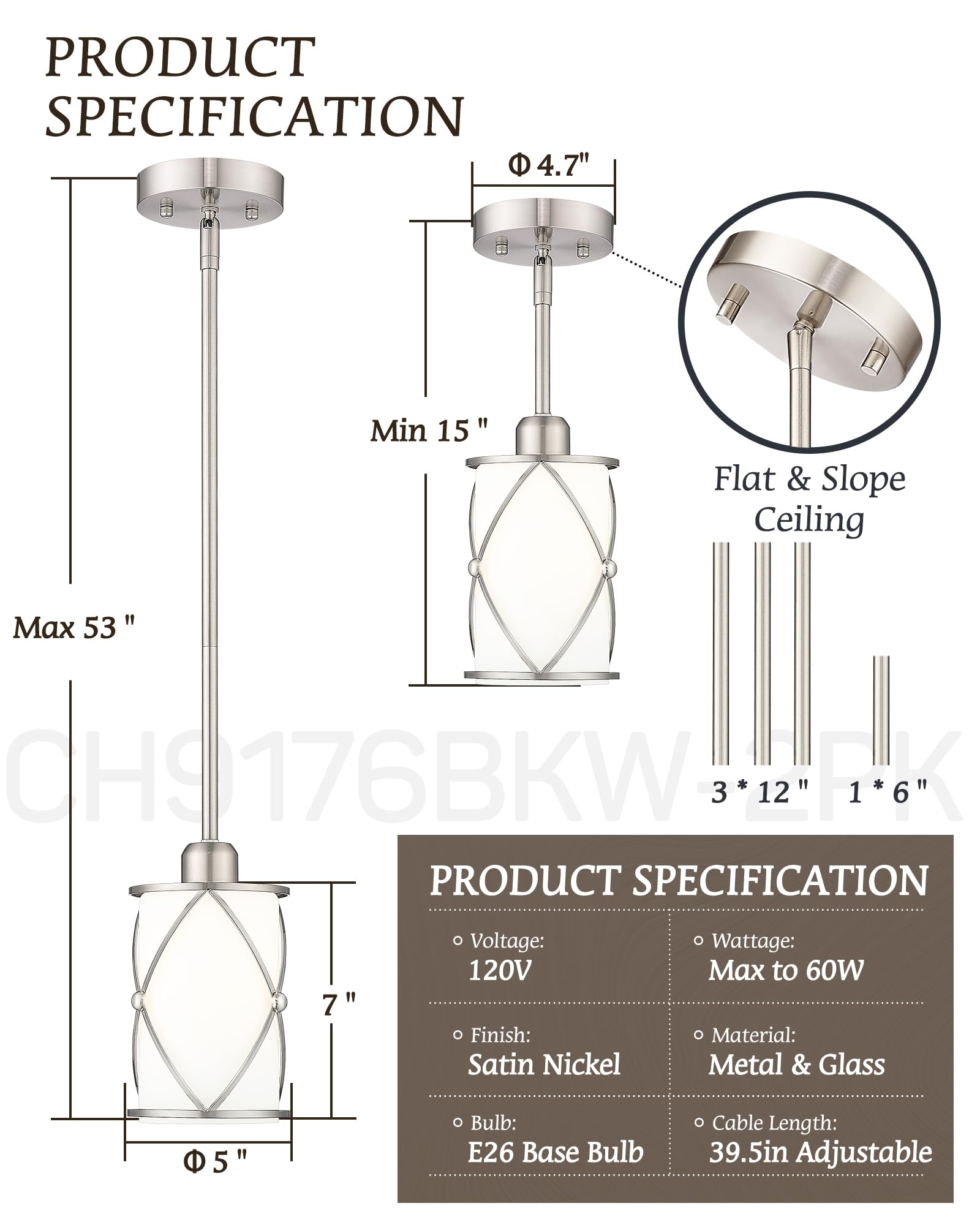Osimir Pendant Lights 3 Pack, Modern Mini Hanging Light, Milk Glass, Brushed Nickel, 1-Light, Model CH9176BNW-3PK