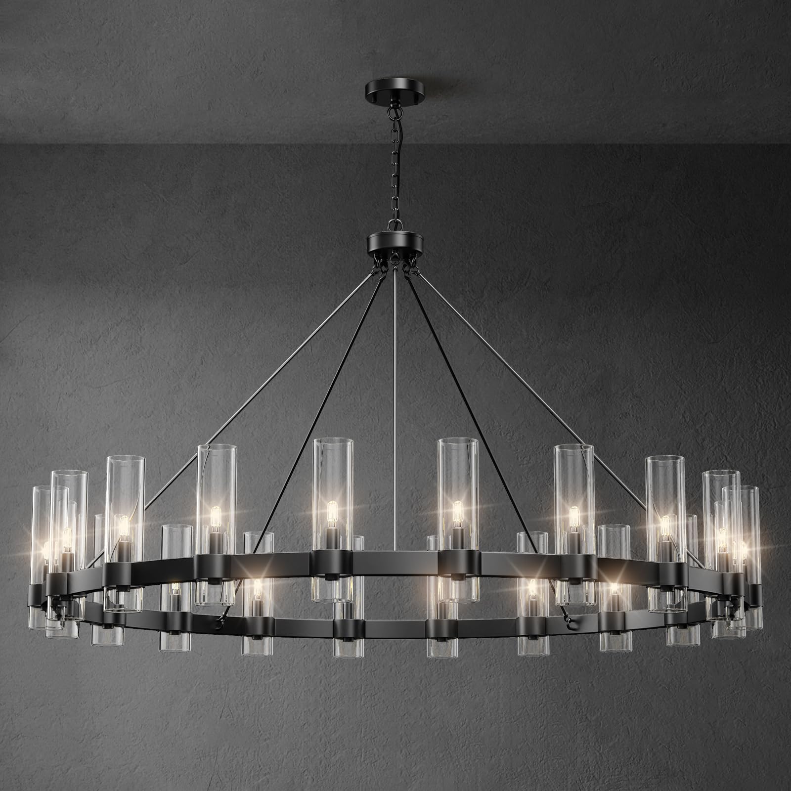 YIOSI Nickel Chandelier,20-Light Wagon Wheel Chandelier with Glass Shade, 60 Inch Large Round Industrial High Ceilings Pendant L