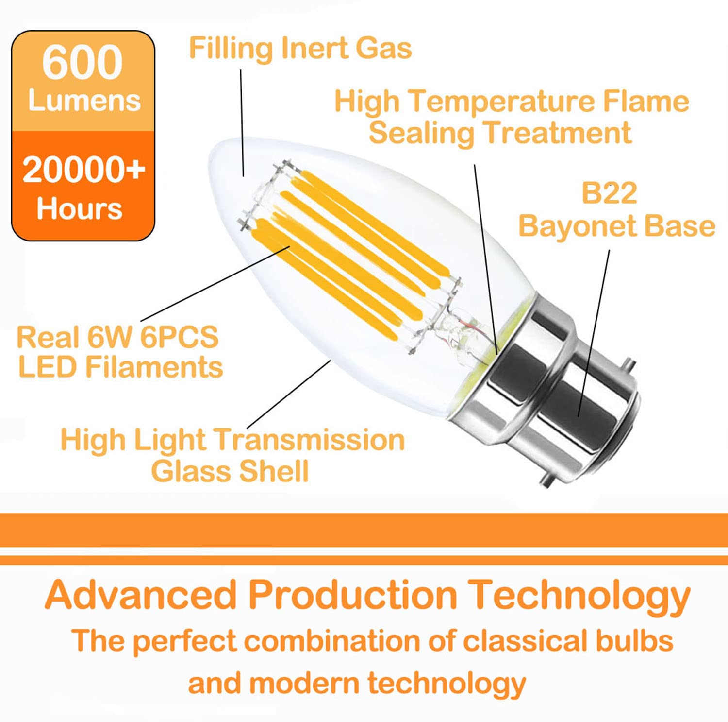 Lamsky 4-Pack 6W B22 Bayonet LED Candle Bulb, 2700K Warm White, Glass, 600LM, 60W Equivalent