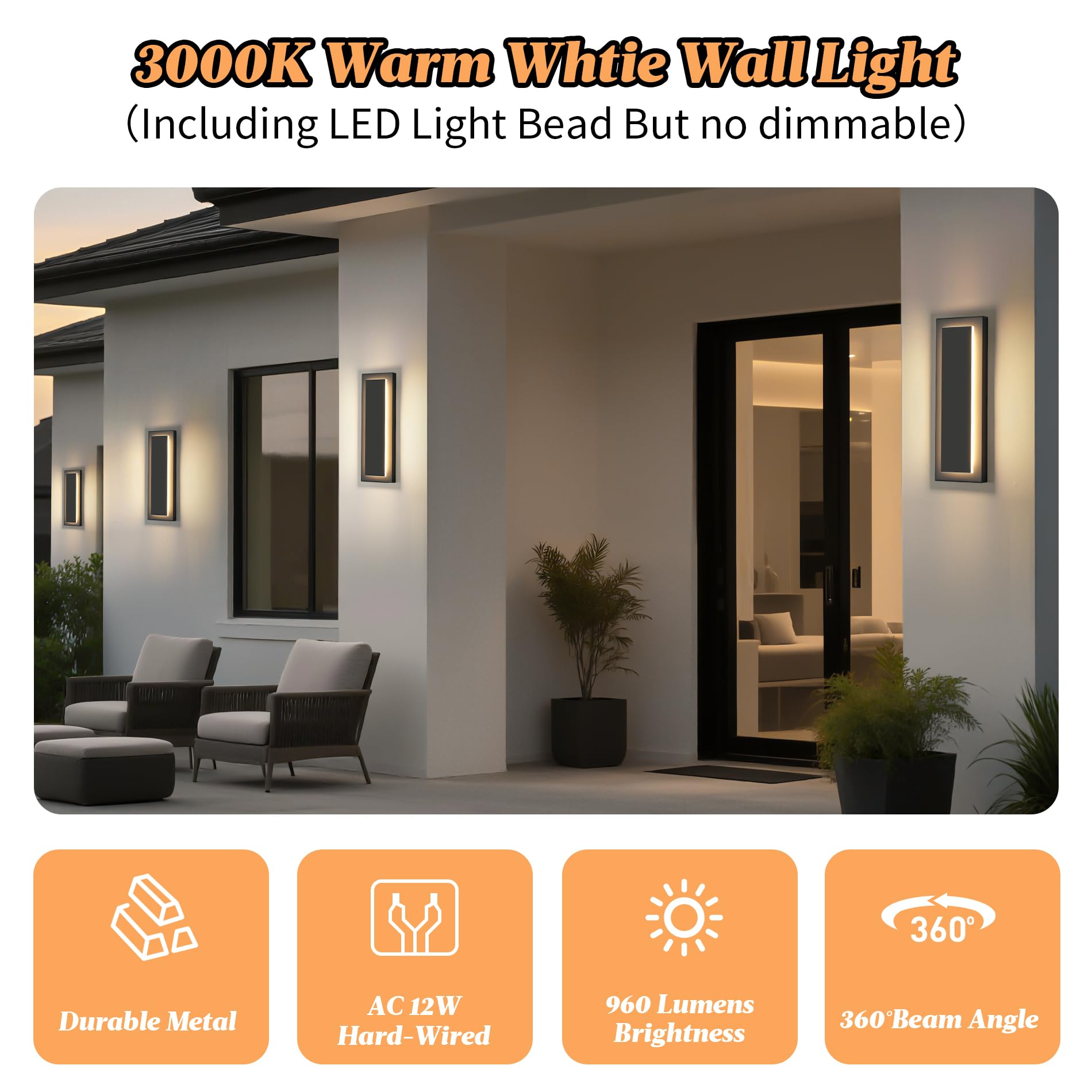 ZSMAIKU LED Outdoor Wall Light - 4 Packs, 12W Waterproof Sconces, 16" Black Metal, 3000K Warm White, Modern Design, Model MK-108