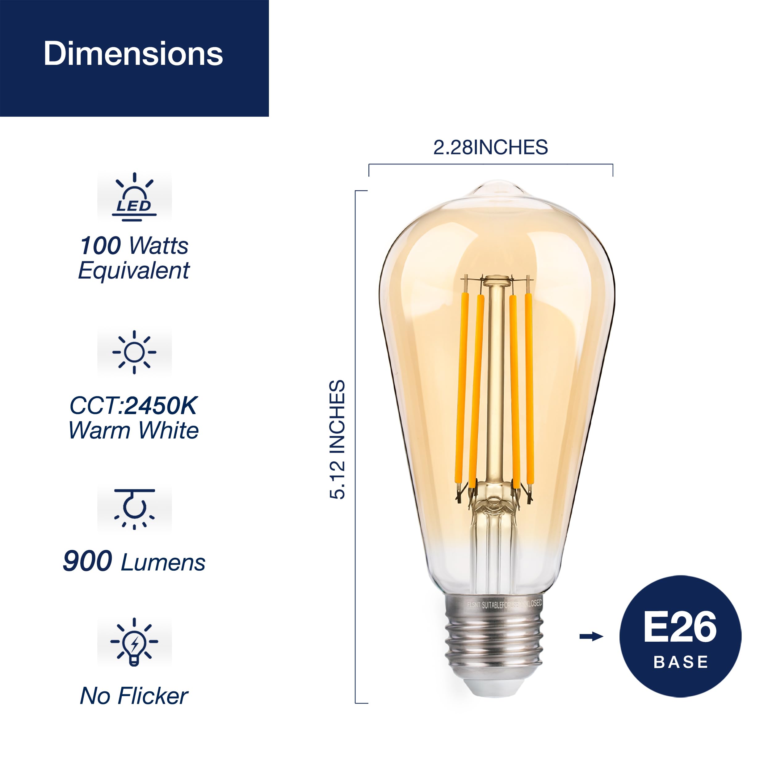 Flsnt 100W Equivalent Led Edison Bulbs, St19 Dimmable Antique Led Light Bulbs, 2450K Warm White, 8W, 900Lm, E26 Base, Amber Glas