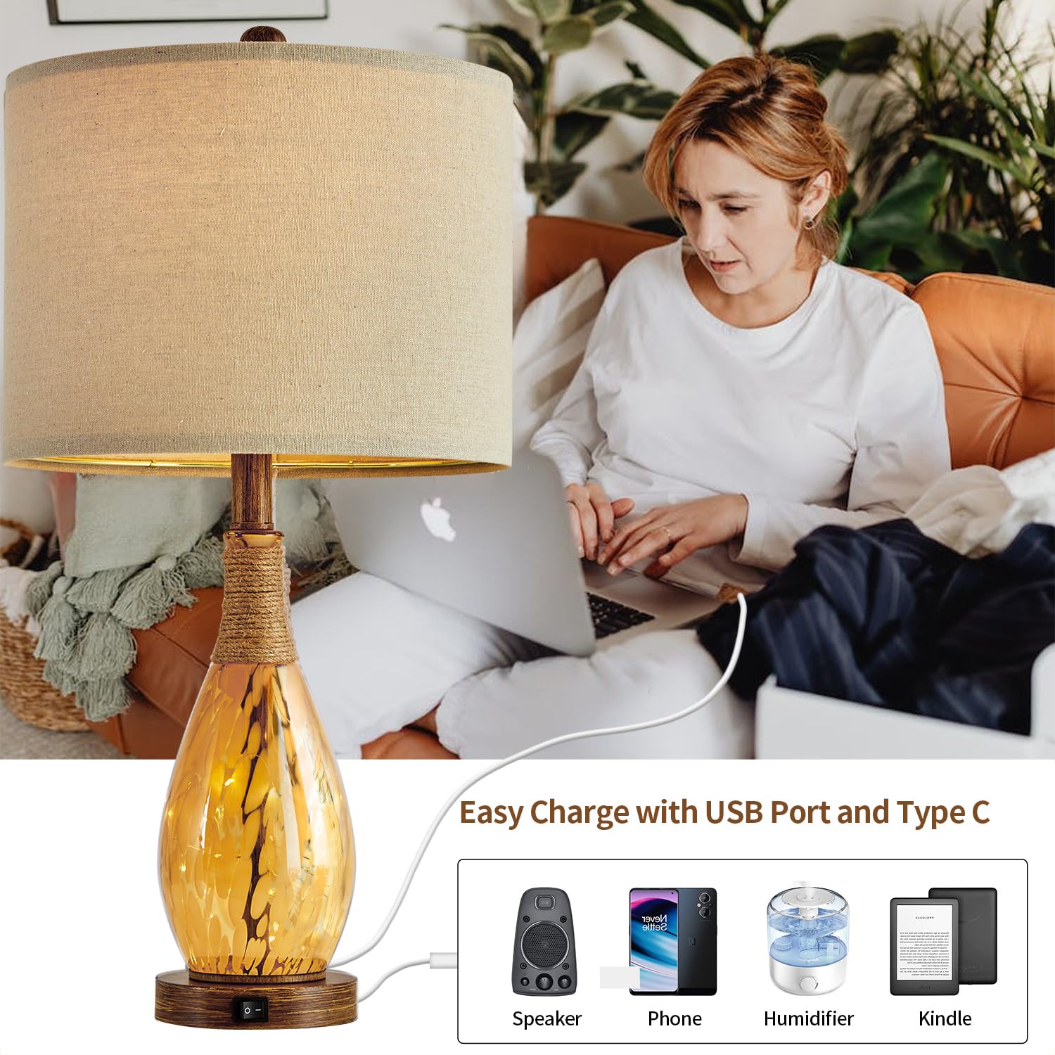 OYEARS 23" USB A+C Table Lamp, Amber Glass & Rattan, Modern Bedside Nightlight, Model AMZ-T1140-U-1