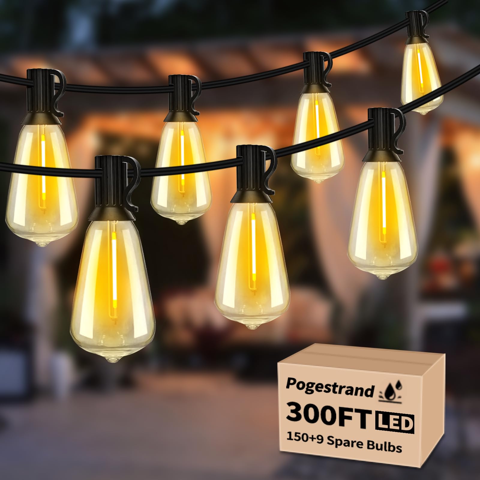 Outdoor String Lights 300ft Waterproof Shatterproof Patio String Lights for Outside with 159 Vintage ST38 LED Bulbs(9 Spare), Di
