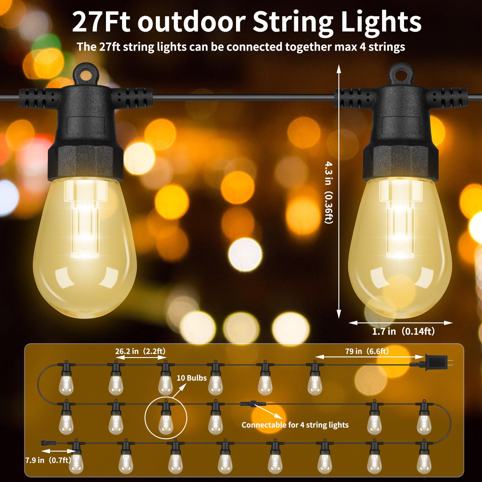 27Ft Outdoor String Lights - Dimmable Led Patio Lights With Remote, 10 S14 Bulbs, Waterproof Connectable Hanging String Lights For Outside, Timer, 4 Modes For Porch Garden Camping Party Halloween
