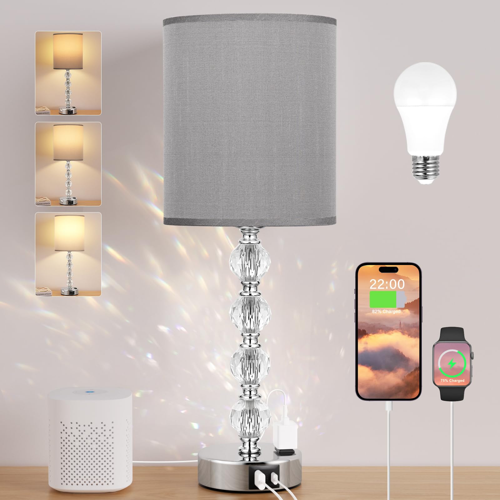 Acaxin Touch Bedside Crystal Lamps for Bedrooms Nightstand with USB C+A Charging Port and AC Outlet White, 3 Way Dimmable Silver