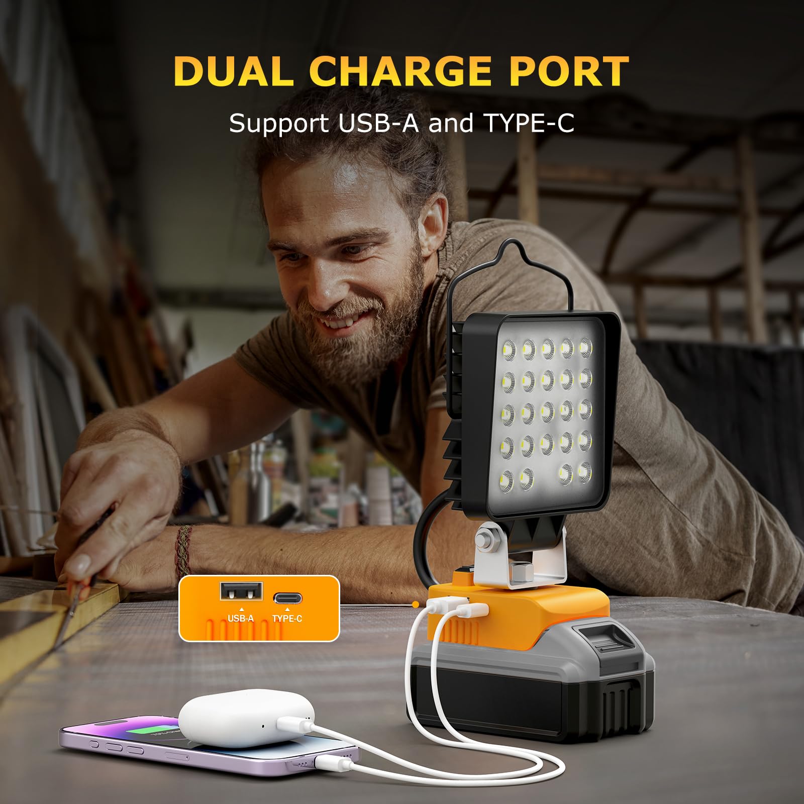 LANKA 4 Pcs LED Work Light for Dewalt 20V Max, 90W 9600LM, Portable, Black/Yellow, USB & Type-C Charging, Low Voltage Protection