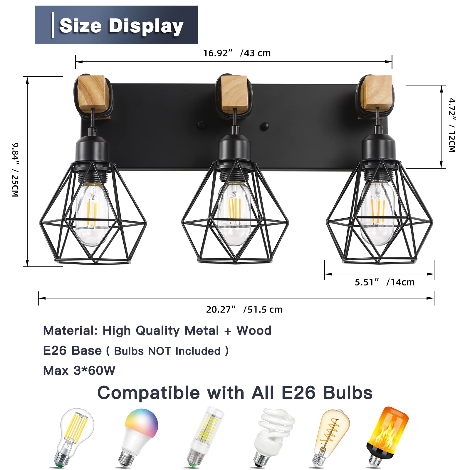 Maesta 3-Light Farmhouse Bathroom Vanity Light Fixture, Black Metal Rustic Sconces for Living Room, Bedroom, Hallway, Model A021