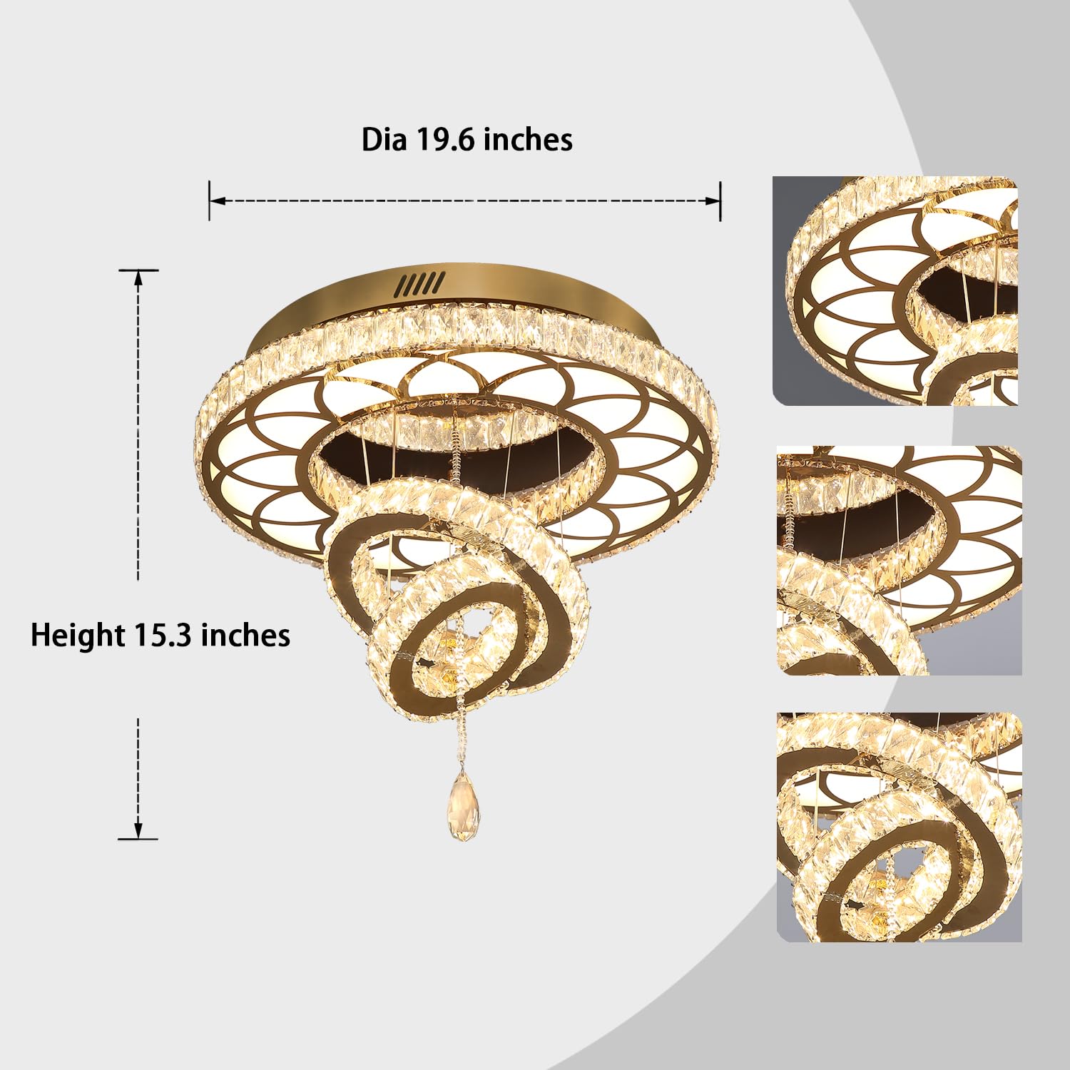 Flashing God 20" Crystal Chandelier LED Flush Mount Light, Gold, Dimmable 2700K/4500K/6000K, Model MMQ0268-50-J