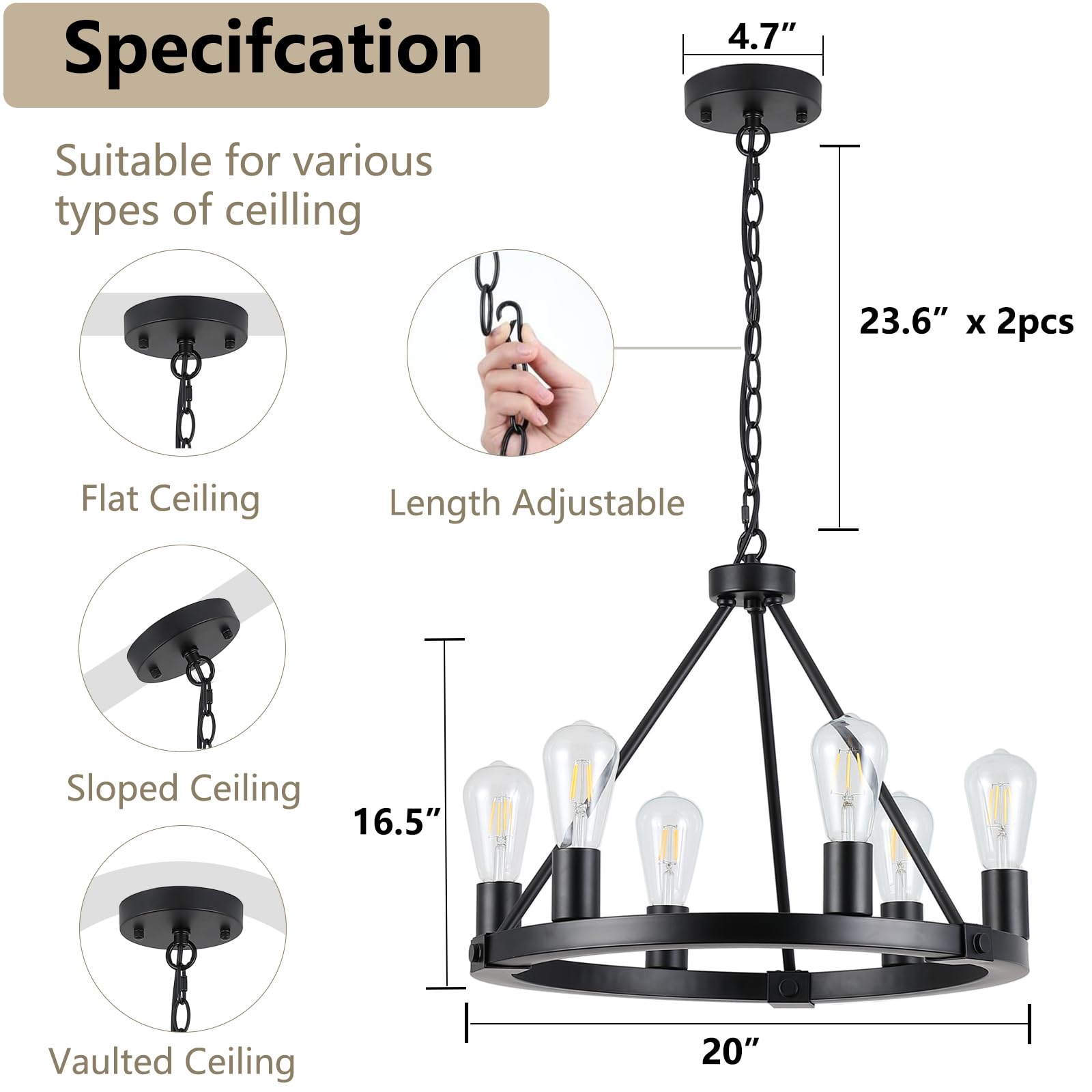 9Mmml 23.6&quot; 8 Lights Wagon Wheel Chandelier,Black Metal Round Industrial Vintage Kitchen Island Pendant Light For Living Dining Room Foyer Entryway,Height Adjustable,E26.