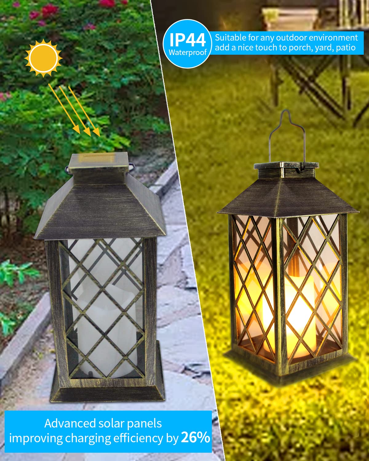 Shymery Solar Lantern 2 Pack - 14 Inch Waterproof Led Flickering Flameless Candle, Bronze