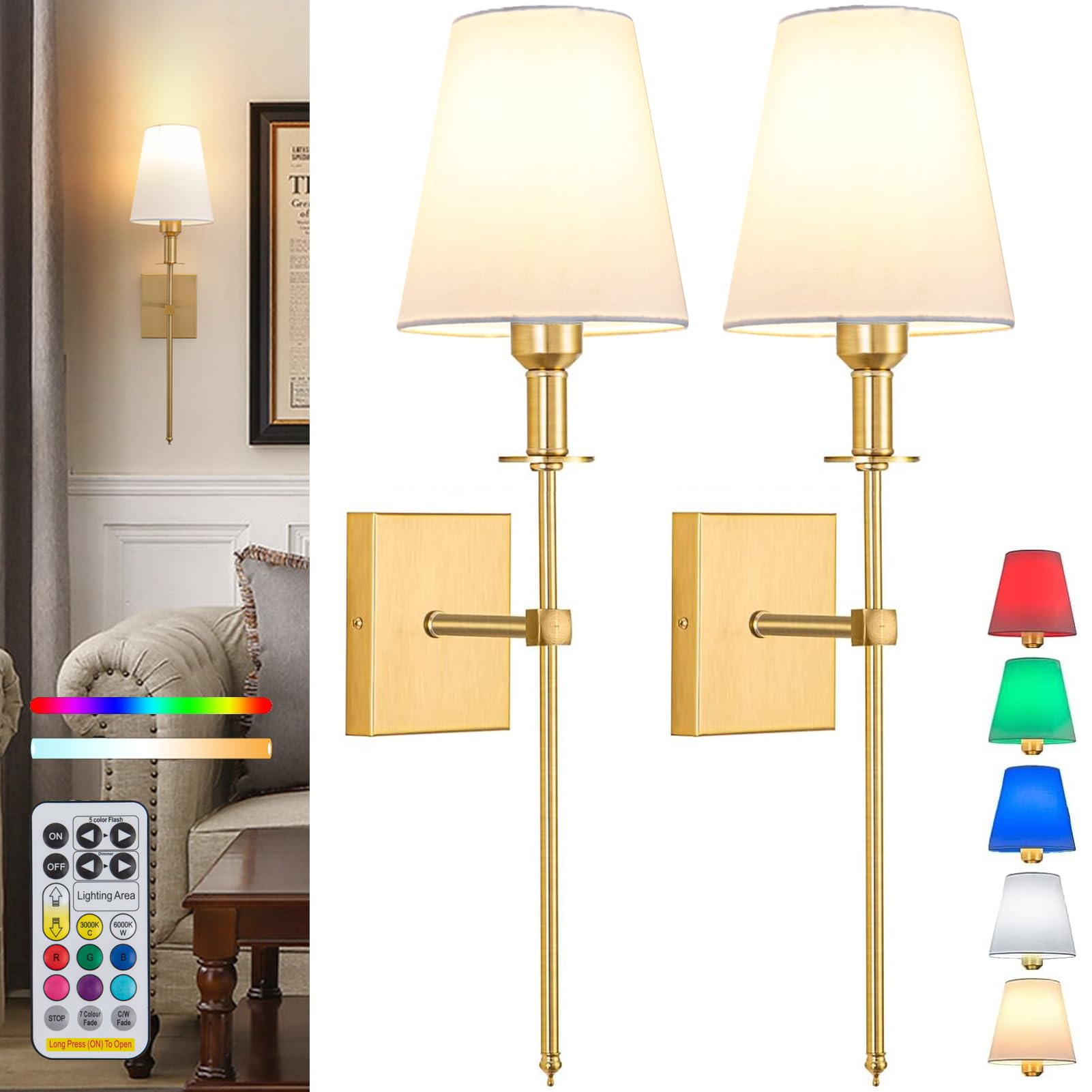 Wall Lights Battery Operated Wall Sconces Set Of 2,Gold Rechargeable Wall Light With Wireless Remote Dimmable,12 Colors Modes Co