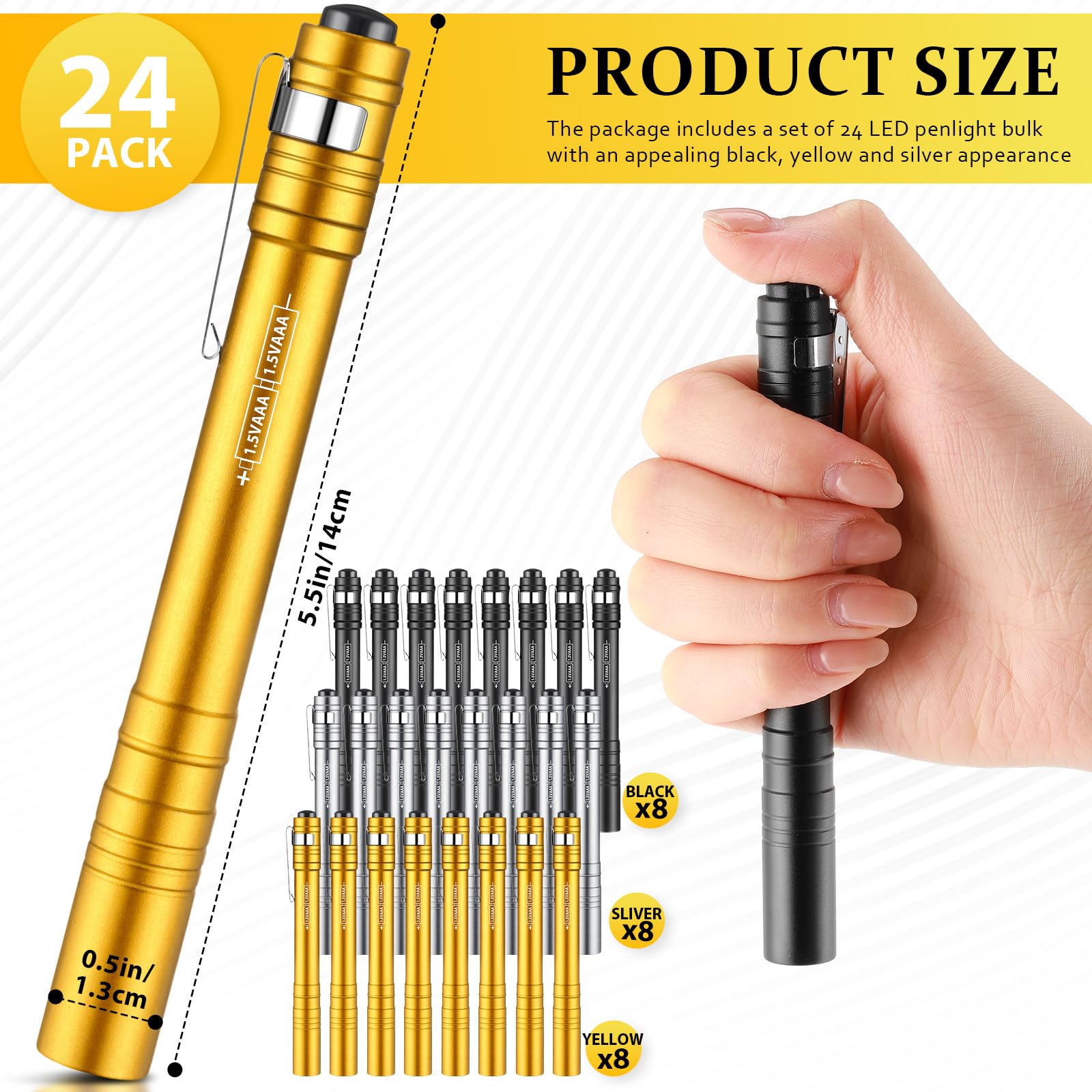 Rossesay Mini Pen Flashlights 24 Pack LED Aluminum Pocket Lights Black/Silver/Yellow XUU-Rossesay-0834