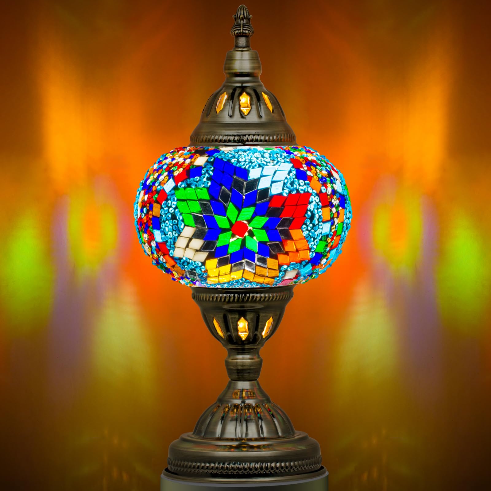Marrakech Moroccan Mosaic Table Lamp, Handmade Glass with Bronze Base, LED Bulb Included, Colorful, Model YMA401-15-A8-TowerB