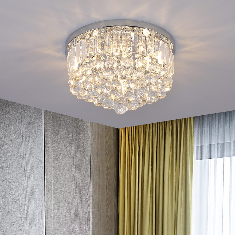 Gopmmy Modern K9 Crystal Raindrop Chandelier, Chrome Flush Mount Pendant Light 16In