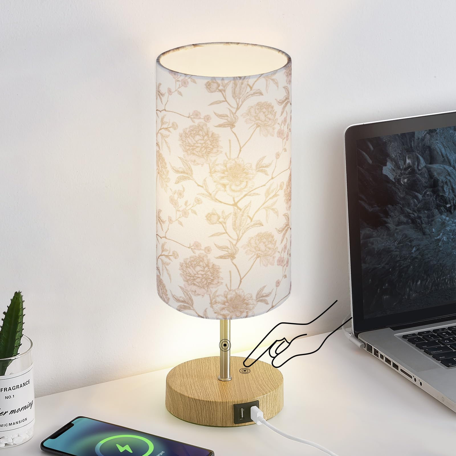 Lolikit Bedside Touch Lamp, Wood Small Table lamp with 2 USB Charging Ports & Flower Fabric Shade, 3-Way Dimmable Nightstand Lam