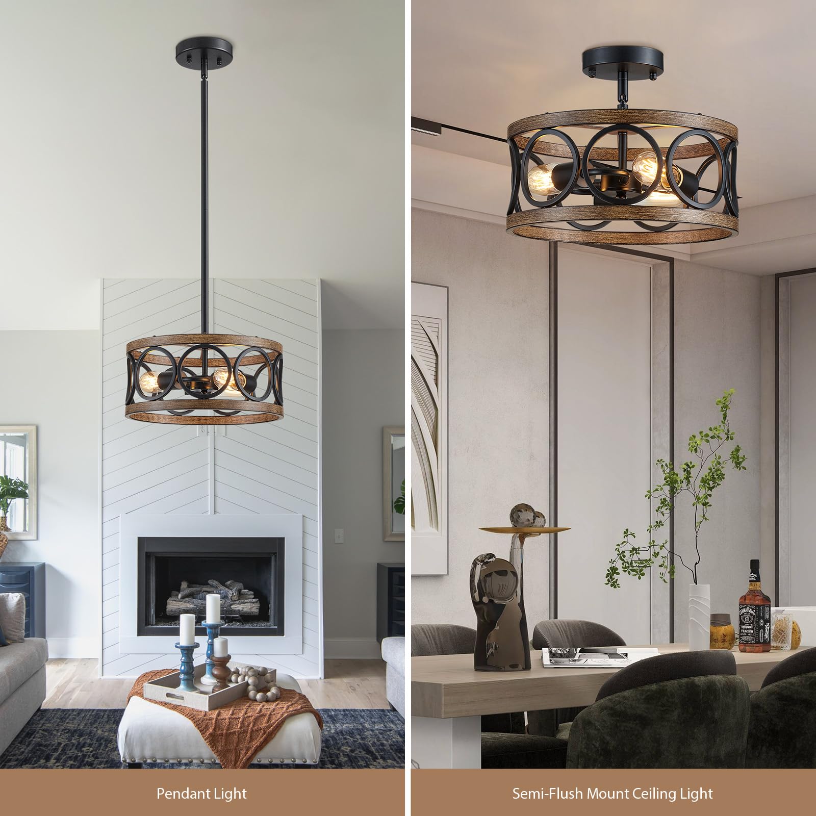 peskoe Farmhouse Pendant Light - 3-Light Nickel & Wood Grain Metal Hanging Lamp for Bedroom, Kitchen, Entryway - Black Pendant