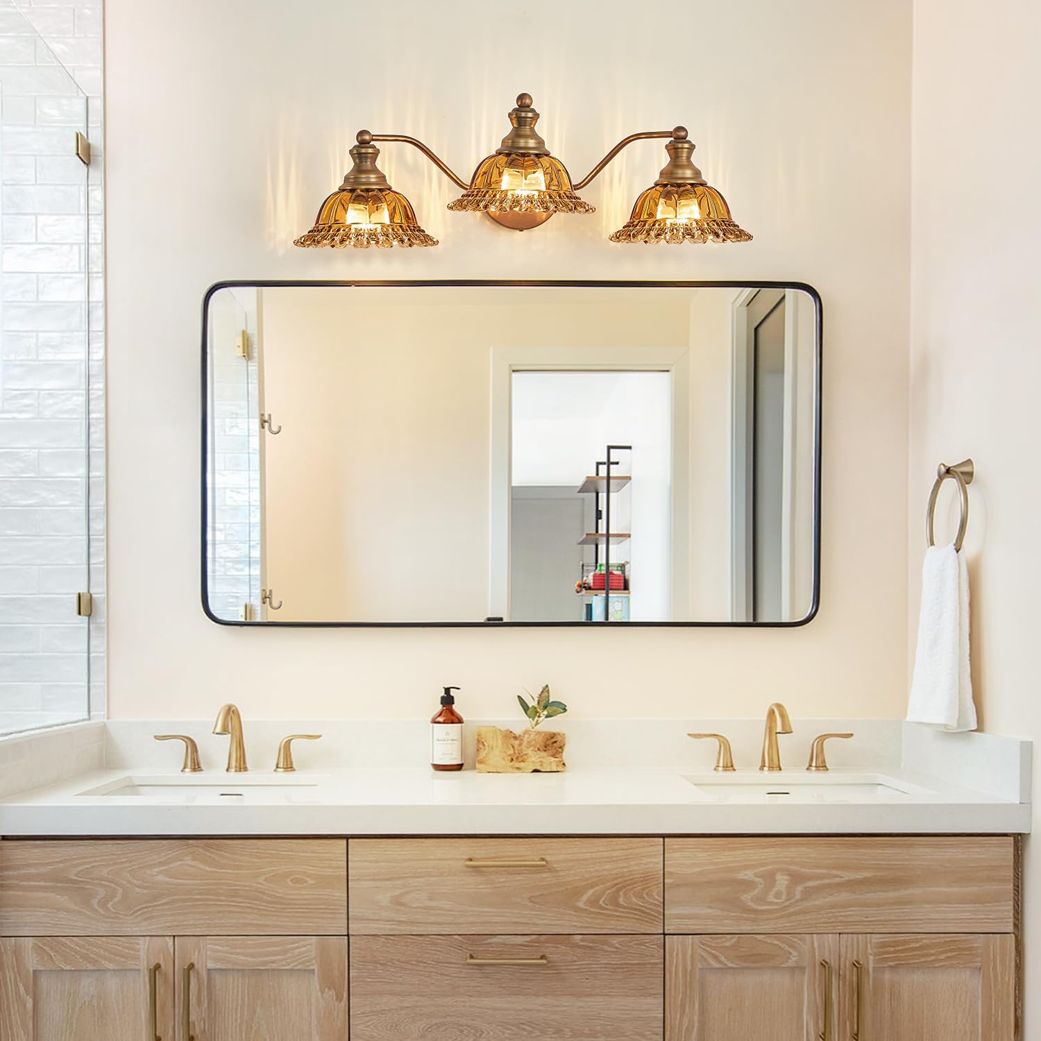 XIEDUN 3 Light Vanity Fixture - Brass and Tea Colored Glass, Metal, Model W338-3SC