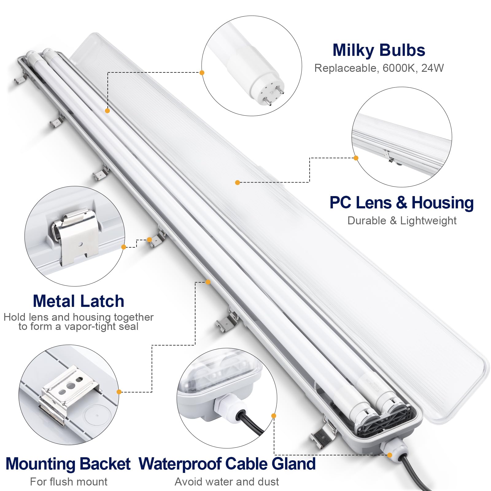 Brillihood 4Ft Led Vapor Tight Light Fixtures, 48W, 4200Lm, 6000K Bright White, Clear Cover, Ip65 Waterproof Vapor Proof Lights