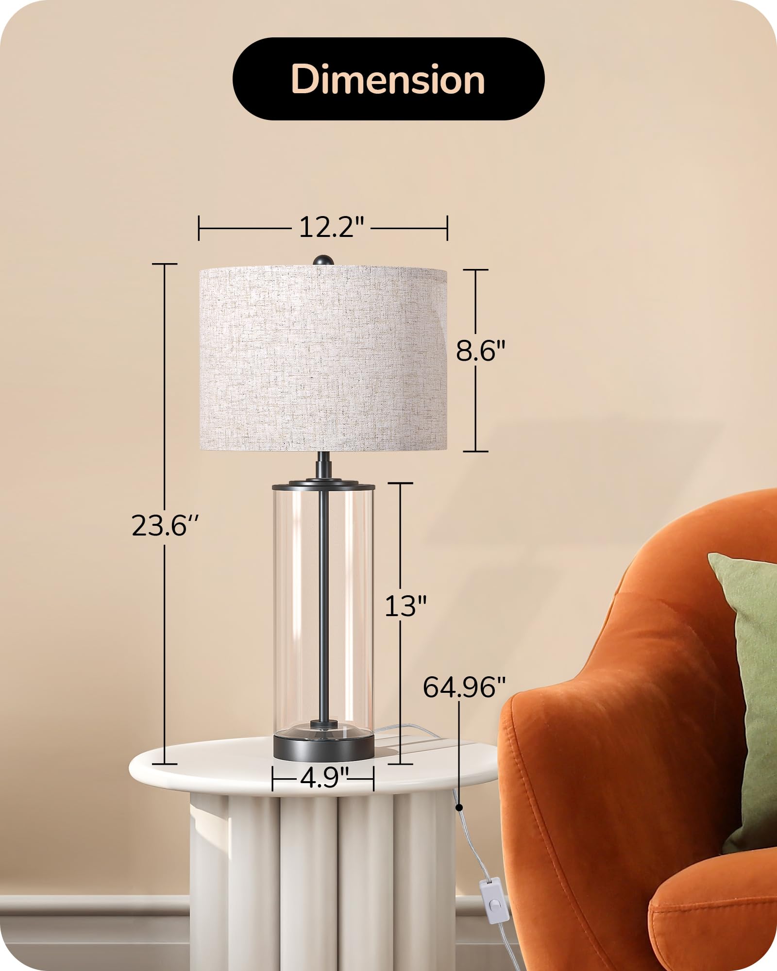 Edishine 23.6 Glass Table Lamp Set Of 2  Diy Refillable Bedside Lamp With Linen Lampshade & Rotary Switch  E26 Base  Nightstand Light For Living Room  Bedroom  Office