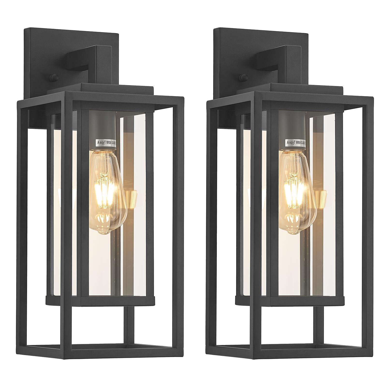 18  Outdoor Wall Light Fixtures Waterproofed Exterior Lantern W/Sturdy Rectangular Double Cage In Satin Black&Clear Tempered Glass Sconce Mounted For House Patio Front door Porch Garage Lighting 2Pack