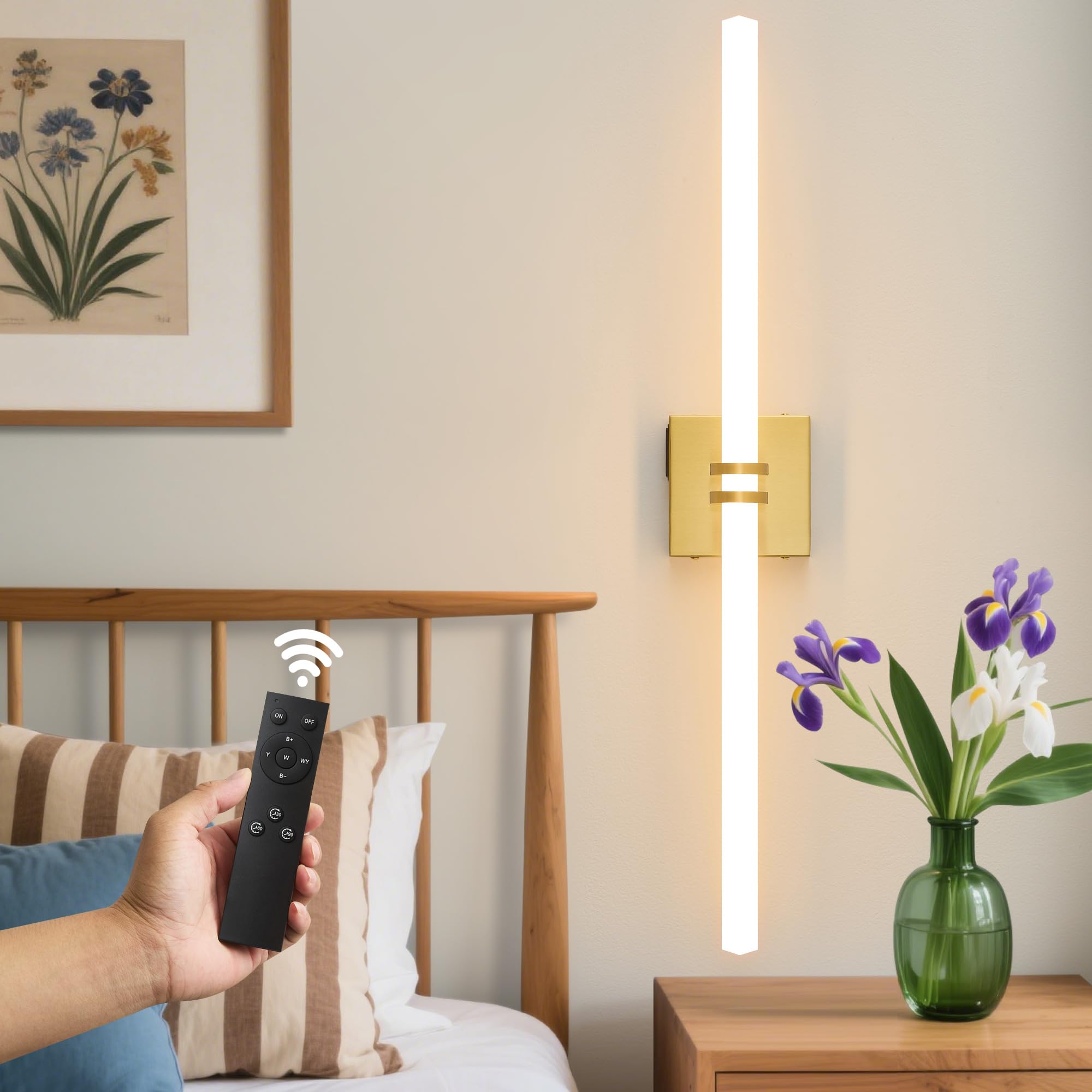 Eicrkodn Battery Operated Wall Sconce, Gold Rechargeable Wall Lights with Dimmable Remote Control, 31.5 Inch 3000K-6000K LED Wir