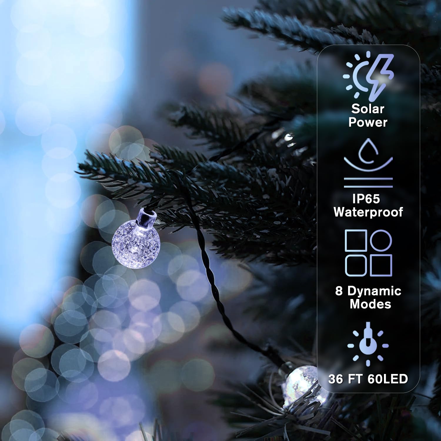 Metaku Solar String Lights, 36FT 60 LED Crystal Globe, Cool White, 8 Lighting Modes, Outdoor Patio Hanging Lights