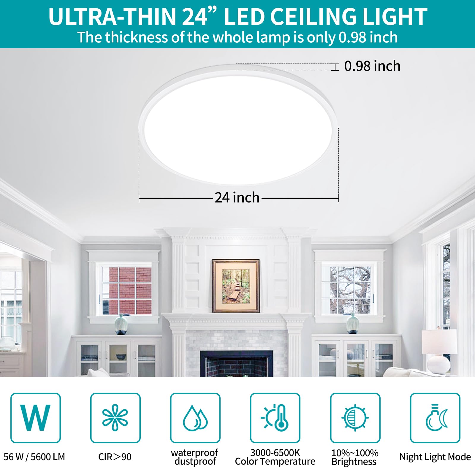 Glowall 24" Round LED Ceiling Light Fixture, Ultra Thin, Dimmable, 56W, 5600 Lumen, White, Model LT0143
